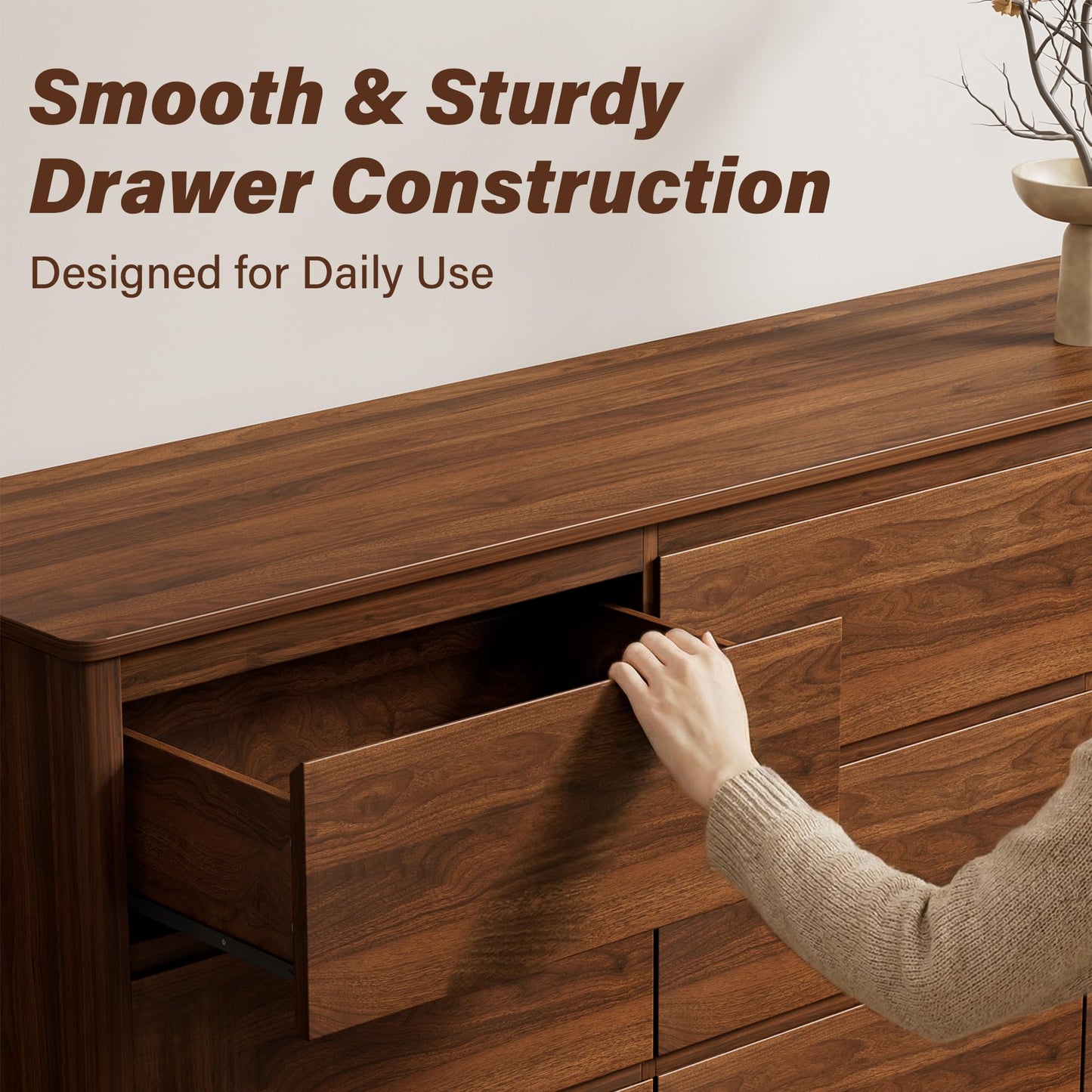 Furniway 63" Mid-Century Modern Dresser for Bedroom, 9 Drawer Wide Chest of Drawers with Wood Legs, Large Storage Bedroom Dresser, Walnut