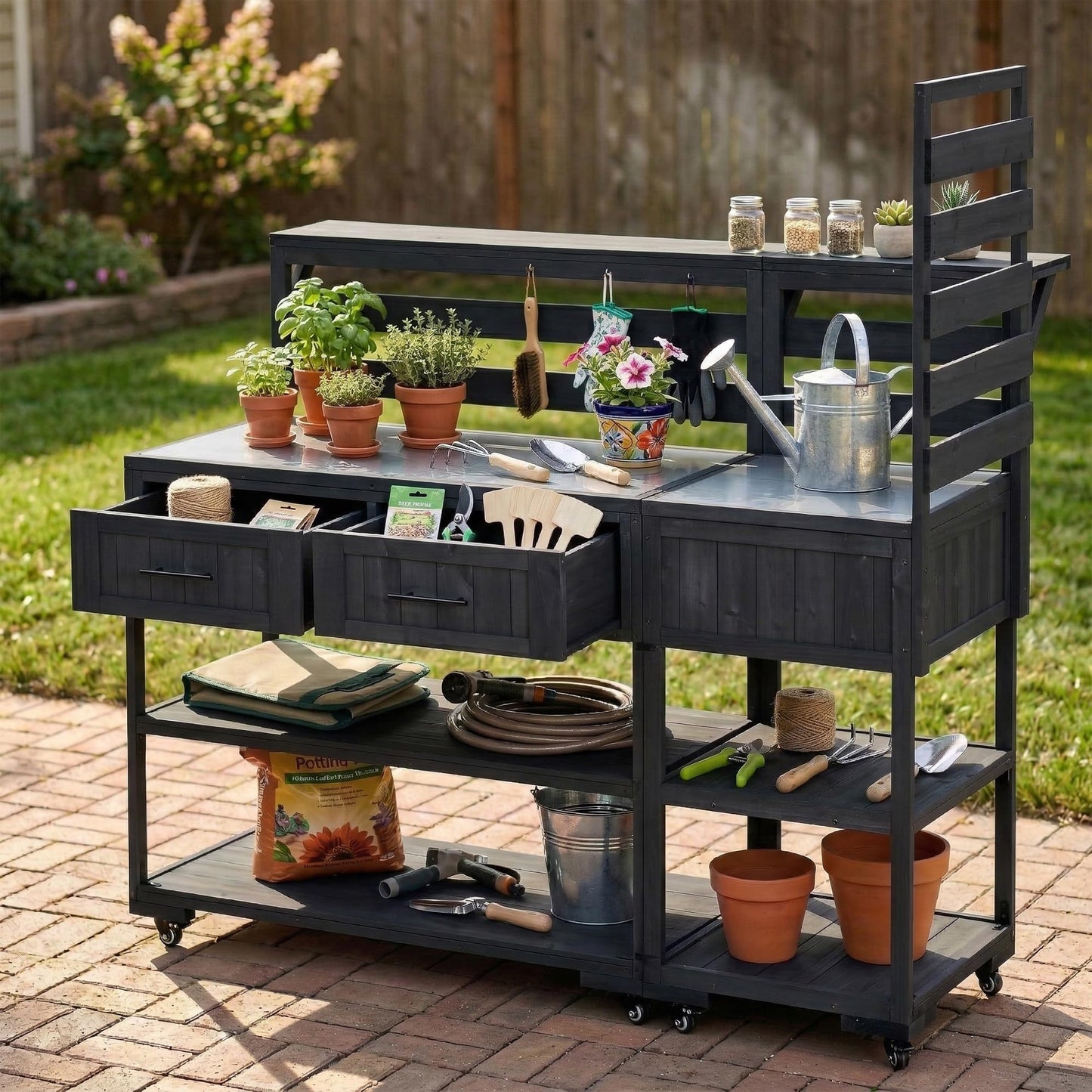 GDFStudio Elshire Patio Kitchen Island Cart with Storage, Wooden Outdoor Storage Cabinet with Stainless Steel BBQ Prep Table Top, Drawers, Raised Shelf and Lockable Wheels, Garden Potting Bench, Black