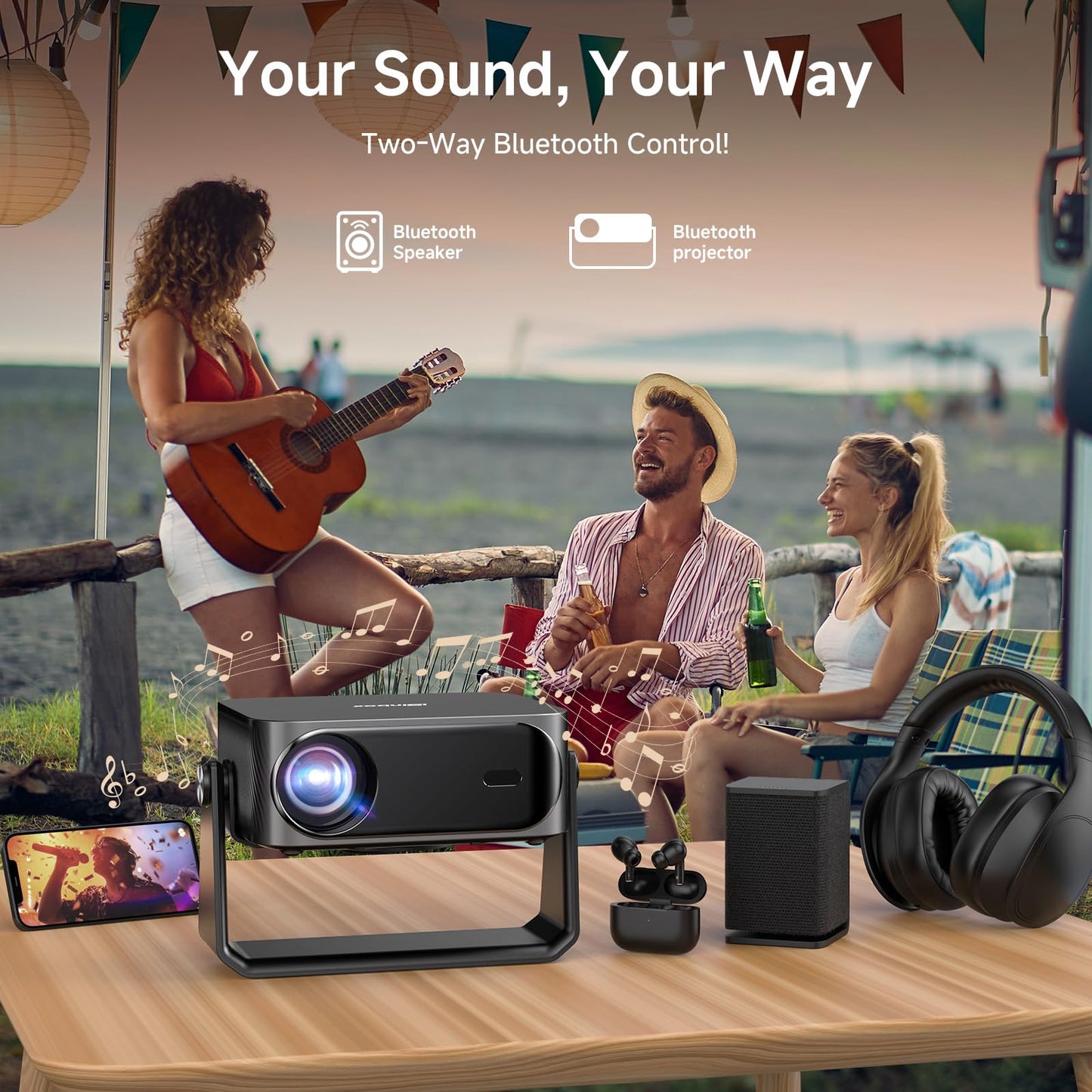 [2000 ANSI/Auto Focus & Keystone/Built-in APP] 4K Outdoor Projector with Wifi and Bluetooth, Smart Portable Projector with Built in Apps YouTube/PrimeVideo & Dolby, Home Theater Projector with HDR10+