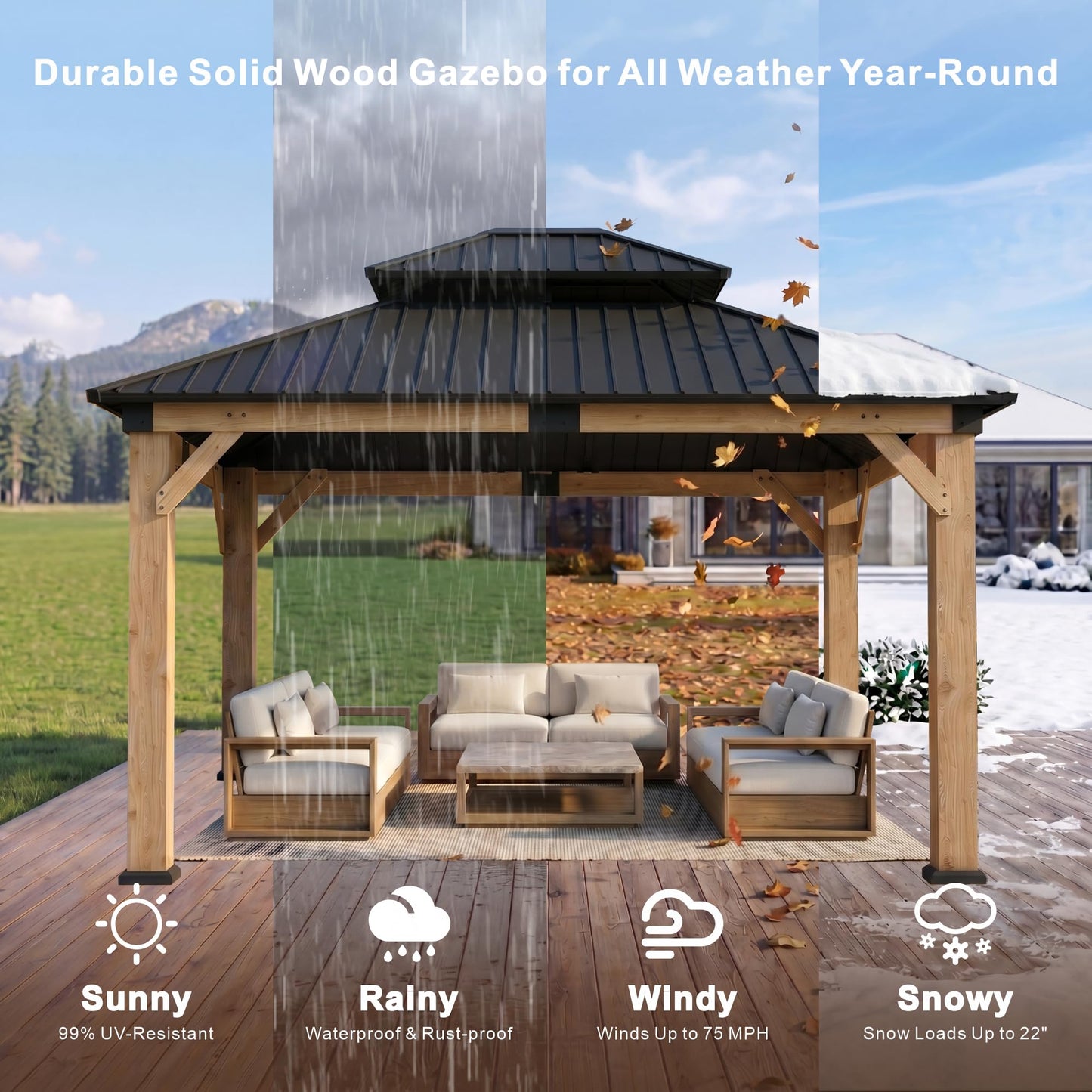 Wood Gazebo 10' x 12', Permanent Pavilion with Hardtop Galvanized Steel Double Roof, Cedar Gazebo with 4.72" Thickened Wooden Posts for Poolside, Patio, Backyard, Garden and Deck