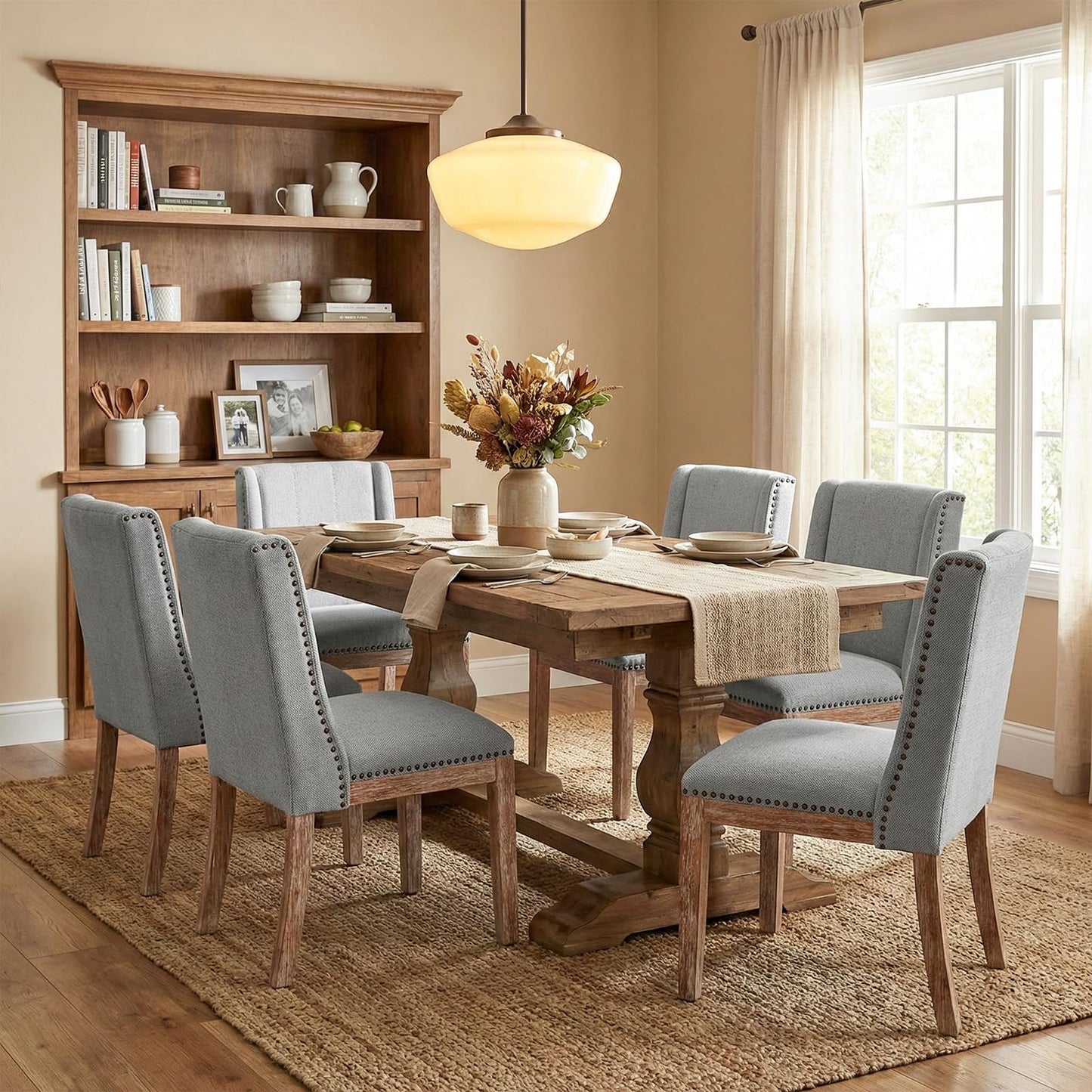 MALOL Dining Chair Set of 6, Fabric Upholstered Kitchen Side Chairs with Wooden Legs for Kitchen & Restaurant Use, LightGrey
