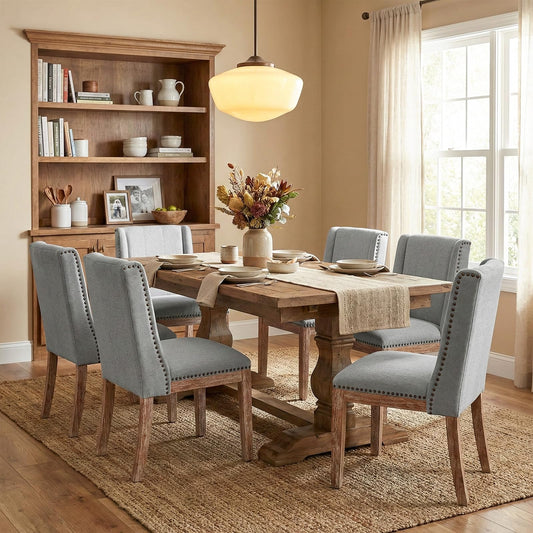 MALOL Dining Chair Set of 6, Fabric Upholstered Kitchen Side Chairs with Wooden Legs for Kitchen & Restaurant Use, LightGrey