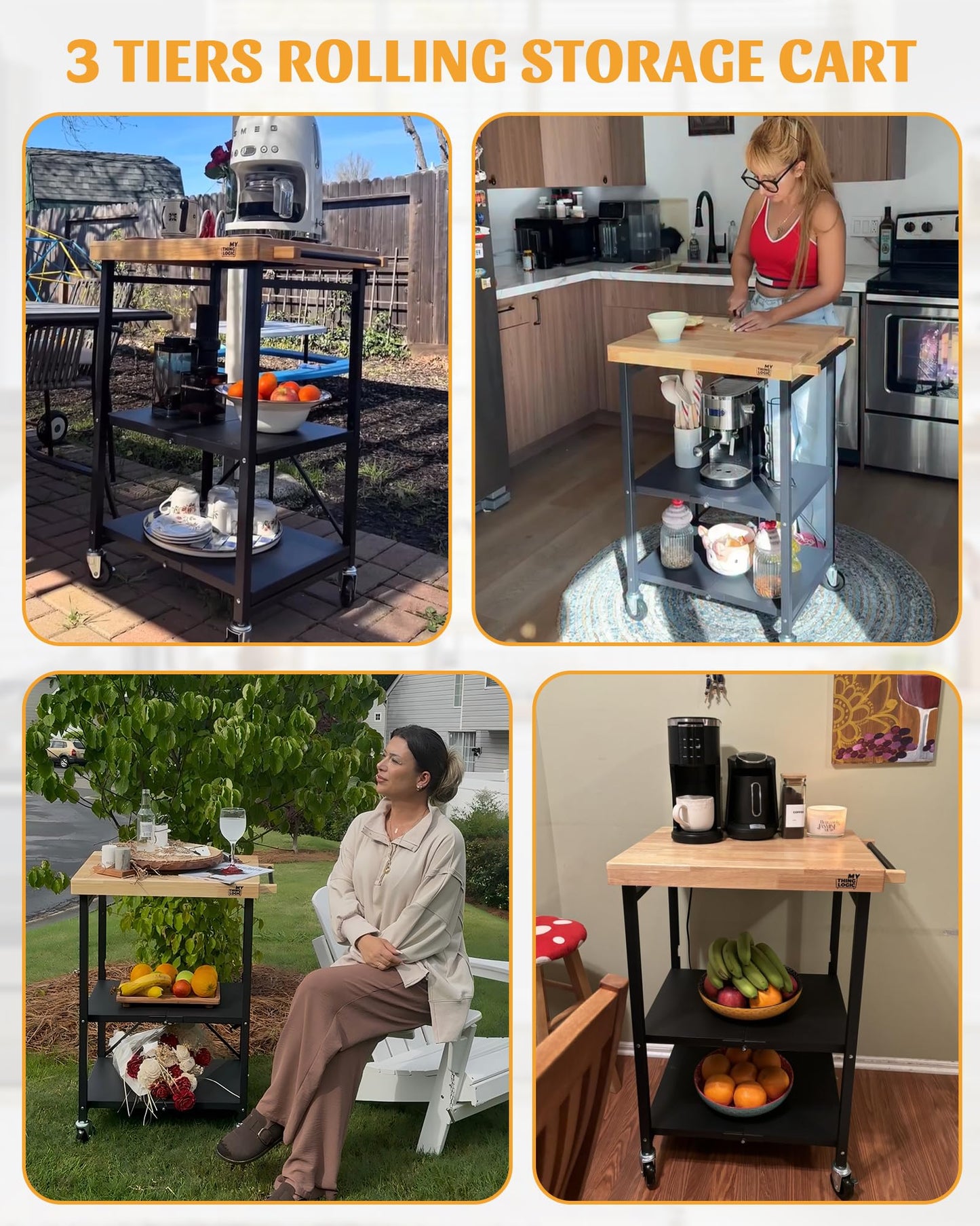 Mythinglogic Foldable Kitchen Storage Cart, 3-Tier Rolling Cart with Solid Oak Top, Heavy-Duty Metal Utility Rack for Microwave, Pots, Dish Set, Meal Prep Area, Kitchen Island on Lockable Wheels