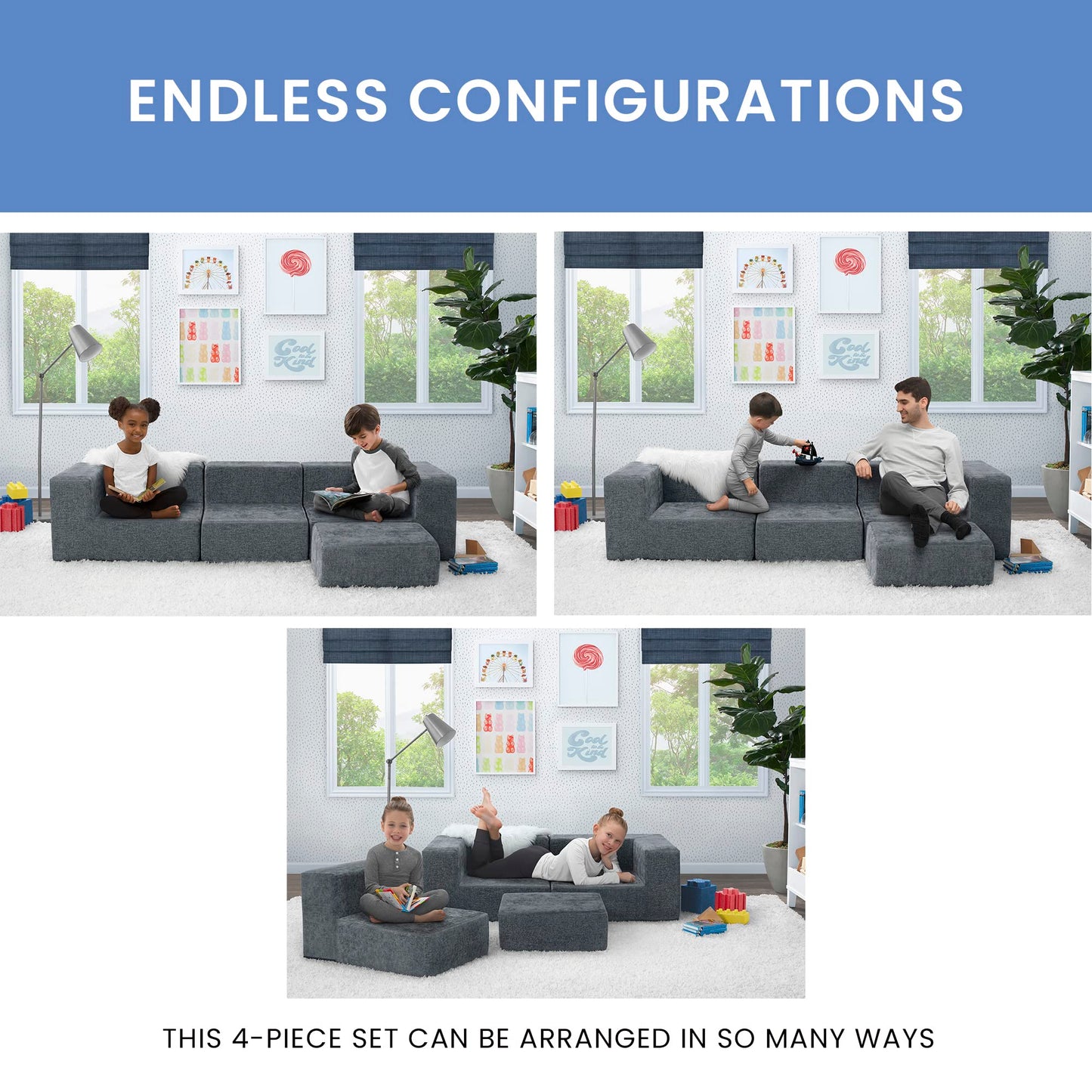 Delta Children Cozee 4-Piece Sectional Sofa Set, 20"D x 20"W x 15.5"H, Grey