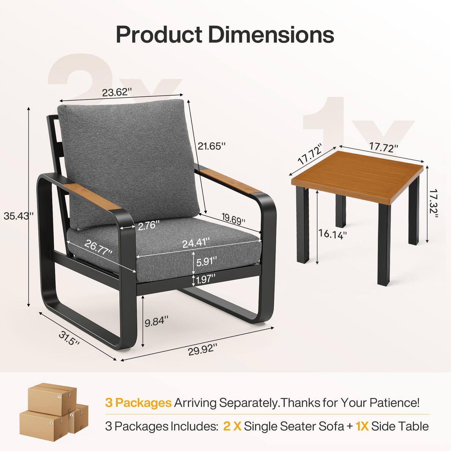 Tribesigns 3-Piece Outdoor Patio Furniture Set with 2 Armchairs & 1 Side Table, Modern Metal Patio Bistro Set with 6'' Thick Cushions, All-Weather Conversation Set for Balcony, Porch, Gray