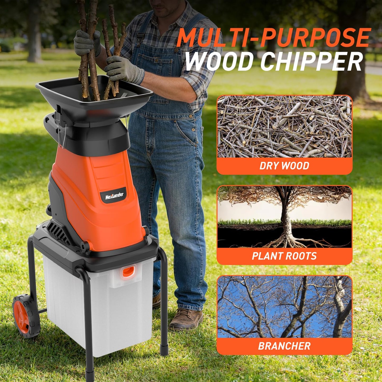 MAXLANDER 15-Amp Electric Wood Chipper Shredder, 1.78-Inch Cutting Capacity, 15:1 Reduction Ratio, Yard Mulcher with 50L Collection Bin, Corded Garden Shredder for Branches & Twigs