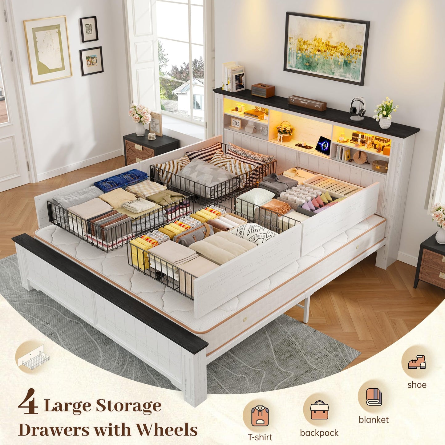 EnHomee Queen Bed Frame with Headboard, and 4 Storage Drawers, LED Lights & Charging Ports,No Box Spring Needed for Apartment,Noise-Free,Wooden, White