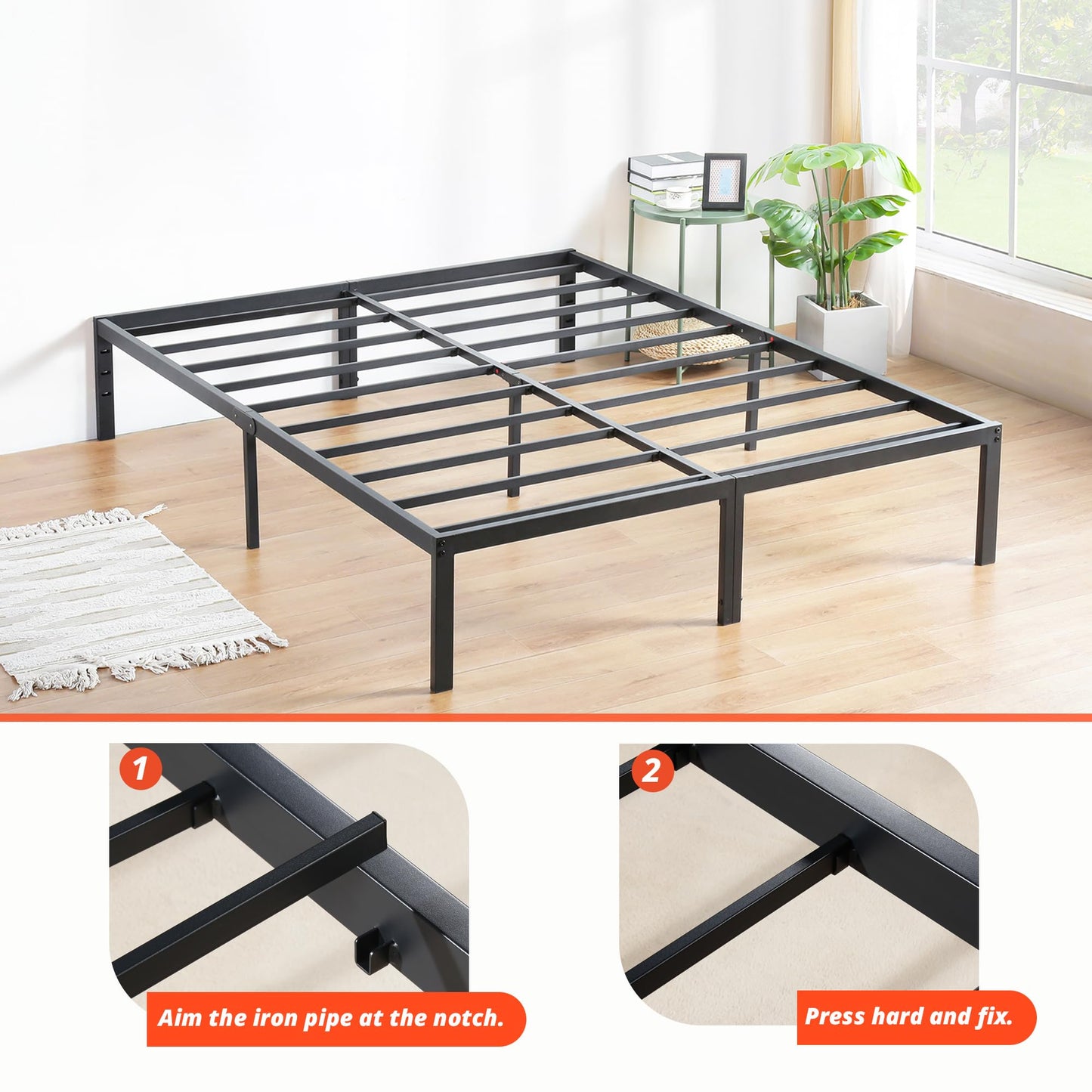 PrimaSleep 18 Inch Heavy Duty Steel Slat Anti-Slip Support, Easy Assembly Platform Bed frame, Noise Free Steel Mattress Foundation, Maximum Storage, No Box Spring Needed, Black, King Size