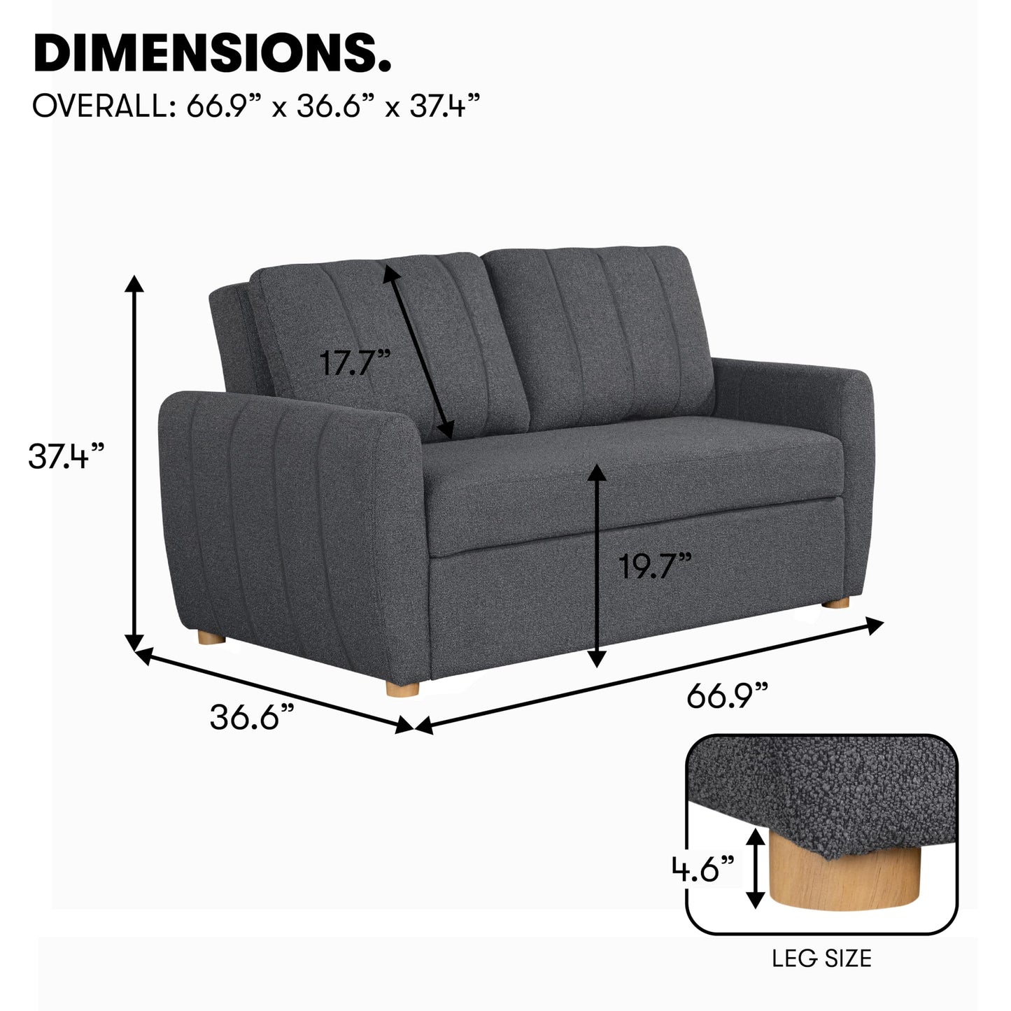 Serta Galway 66.5" Convertible Sleeper Loveseat, Full Size, Dreamcoil Comfort, FingerGuard Pinch Point Protection, Boucle Fabric, Charcoal