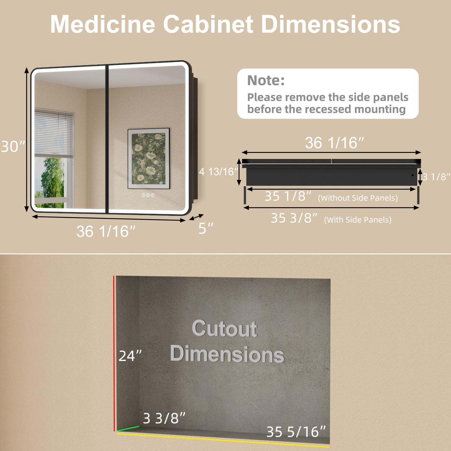 HBEZON 36 x 30 Inch Recessed Medicine Cabinet Mirror with Lights, Wall Mounted LED Bathroom Mirror Cabinet, Dimmable, Anti-Fog, Memory Function, 3 Color Modes, Adjustable Shelf, ETL Certified, Black