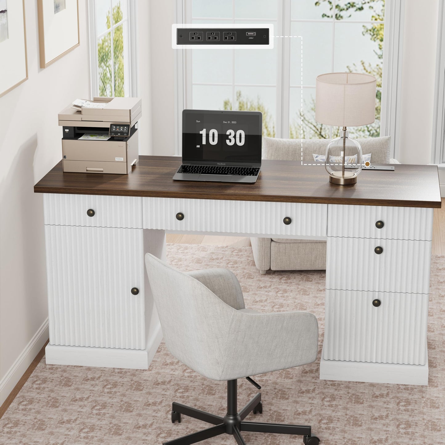 Garvee 60" Office Desk with Storage Cabinet & Drawers. Fluted Wood Computer Desk with Power Outlet & Adjustable Shelves.Modern Executive Desk for Home Office/Bedroom/Gaming-White