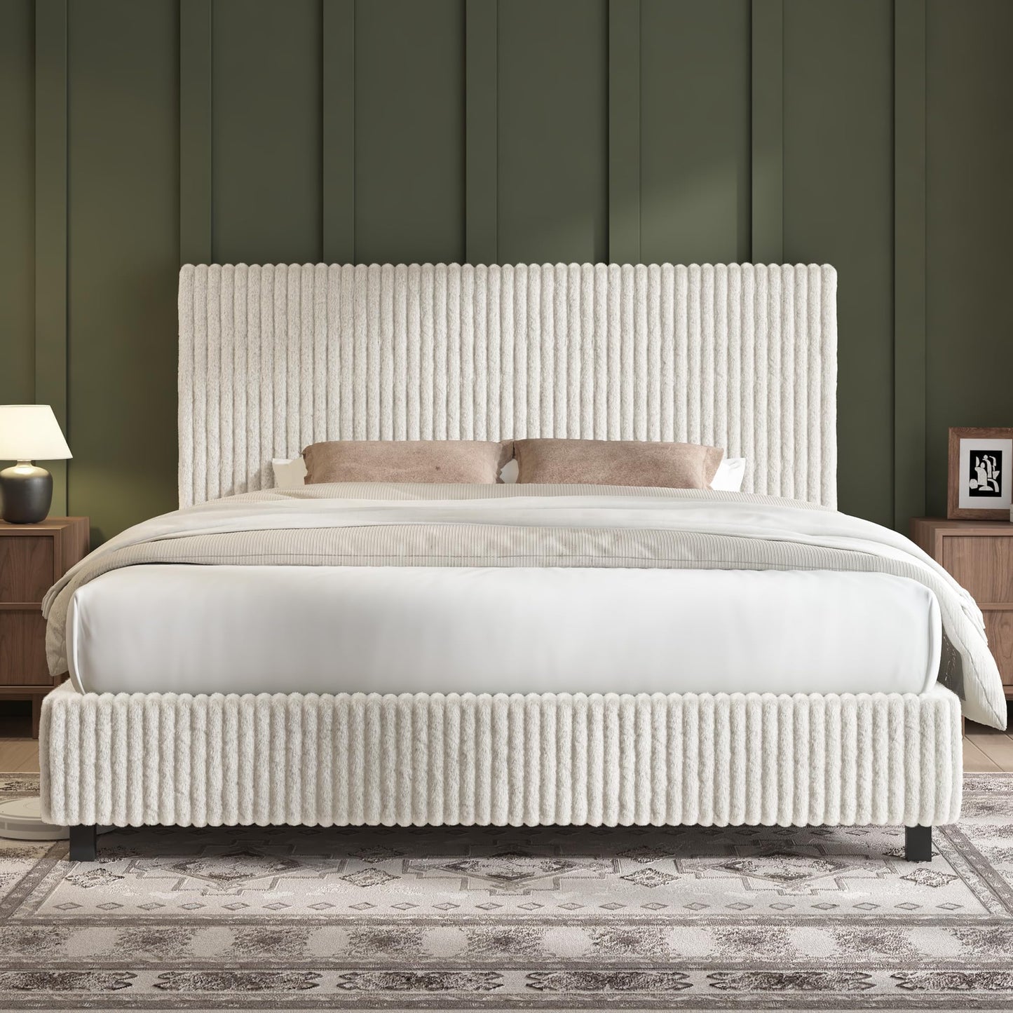 AMERLIFE Queen Bed Frame, Upholstered Metal Platform Bed with Vertical Channel Tufted Headboard, Soft Fabric & Strong Metal Slats, Noise-Free/Easy Assembly, White Queen Upholstered Bed and Headboard