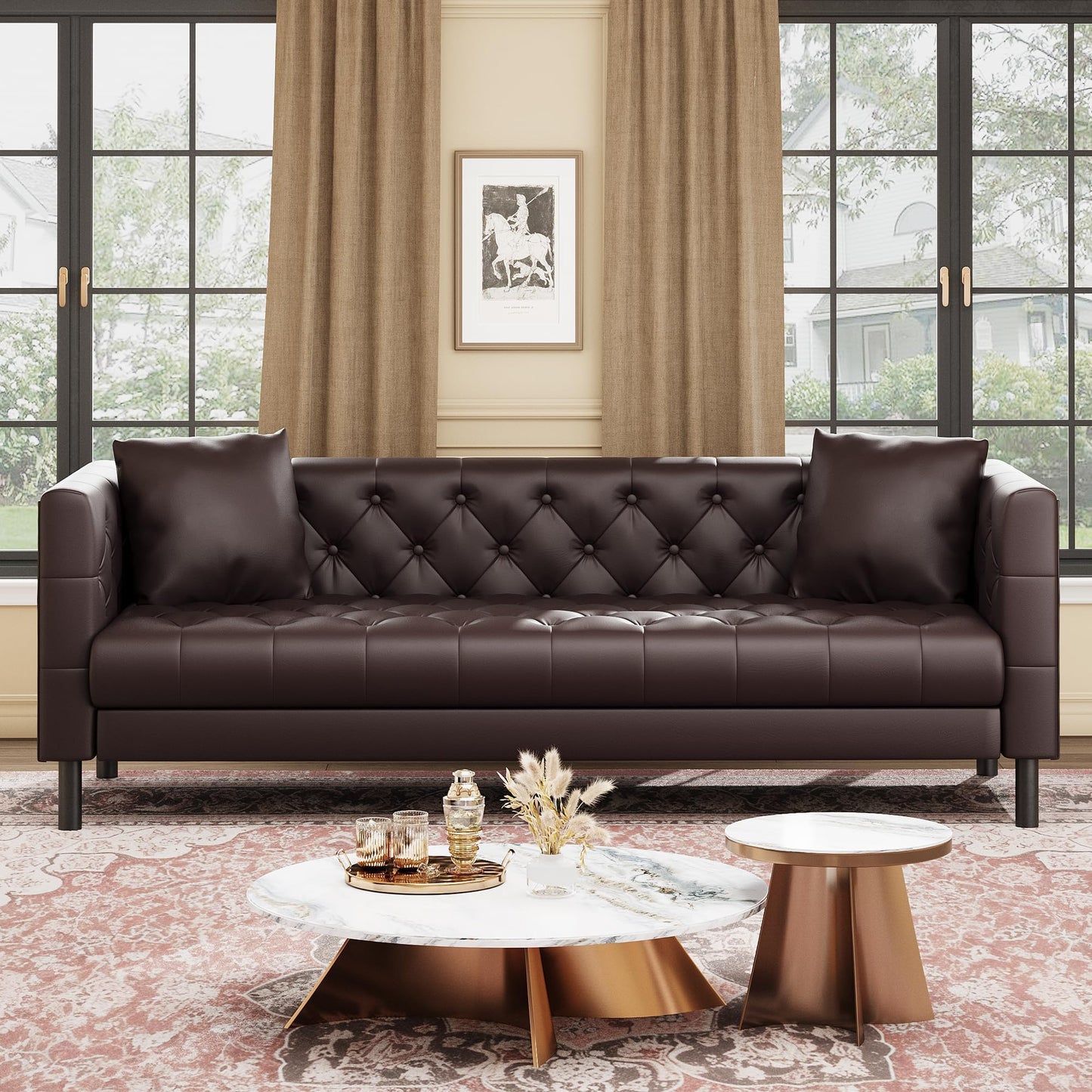 Garvee 81 in Leather Couch for Living Room, Modern Leather Sofa with Deep Seat, Handmade Button Tufted 3 Seater Sofa, Chesterfield Couch for Apartment or Office, Dark Brown