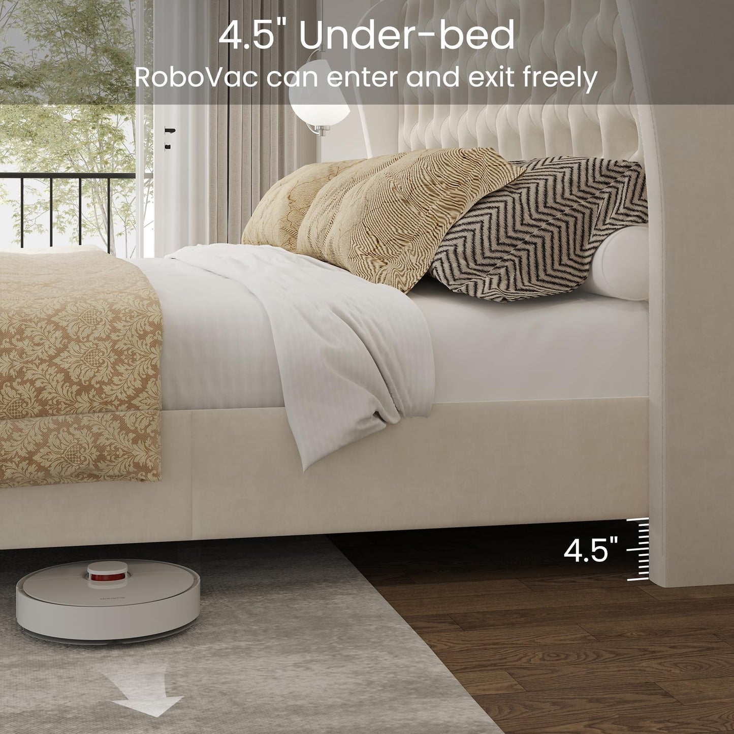 LARMACE King Size Bed Frame Velvet Upholstered Platform Bed with Wingback Headboard & Footbaord, Deep Button Tufted Bed Frame with Wood Slats Support, No Box Spring Needed, Beige