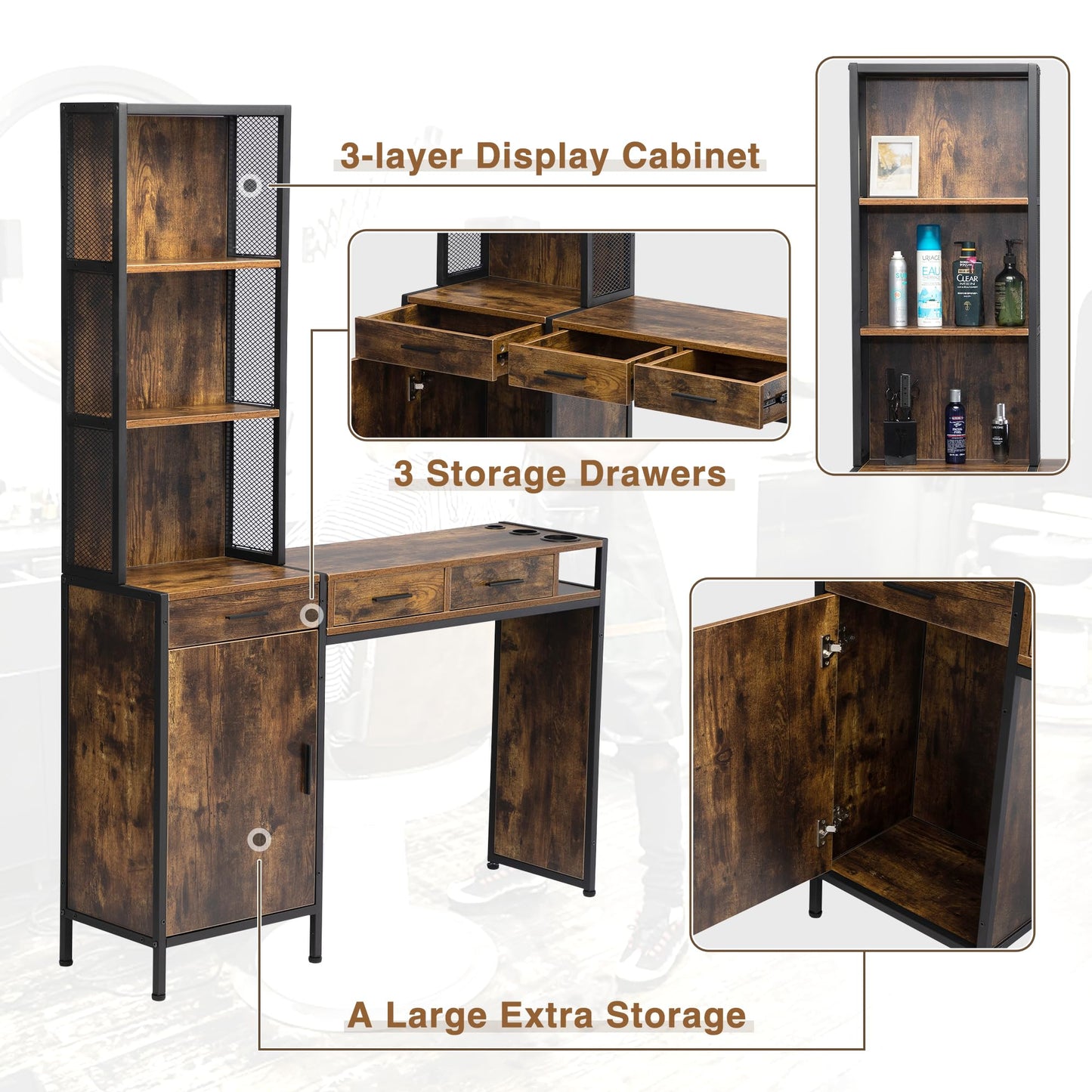 RESHABLE Industrial Wall Mount Salon Barber Station, Hair Styling Station with 3 Drawers, Storage Cabinet, Shelves, Hair Dryer Holes, Beauty Spa Equipment, Rustic Brown