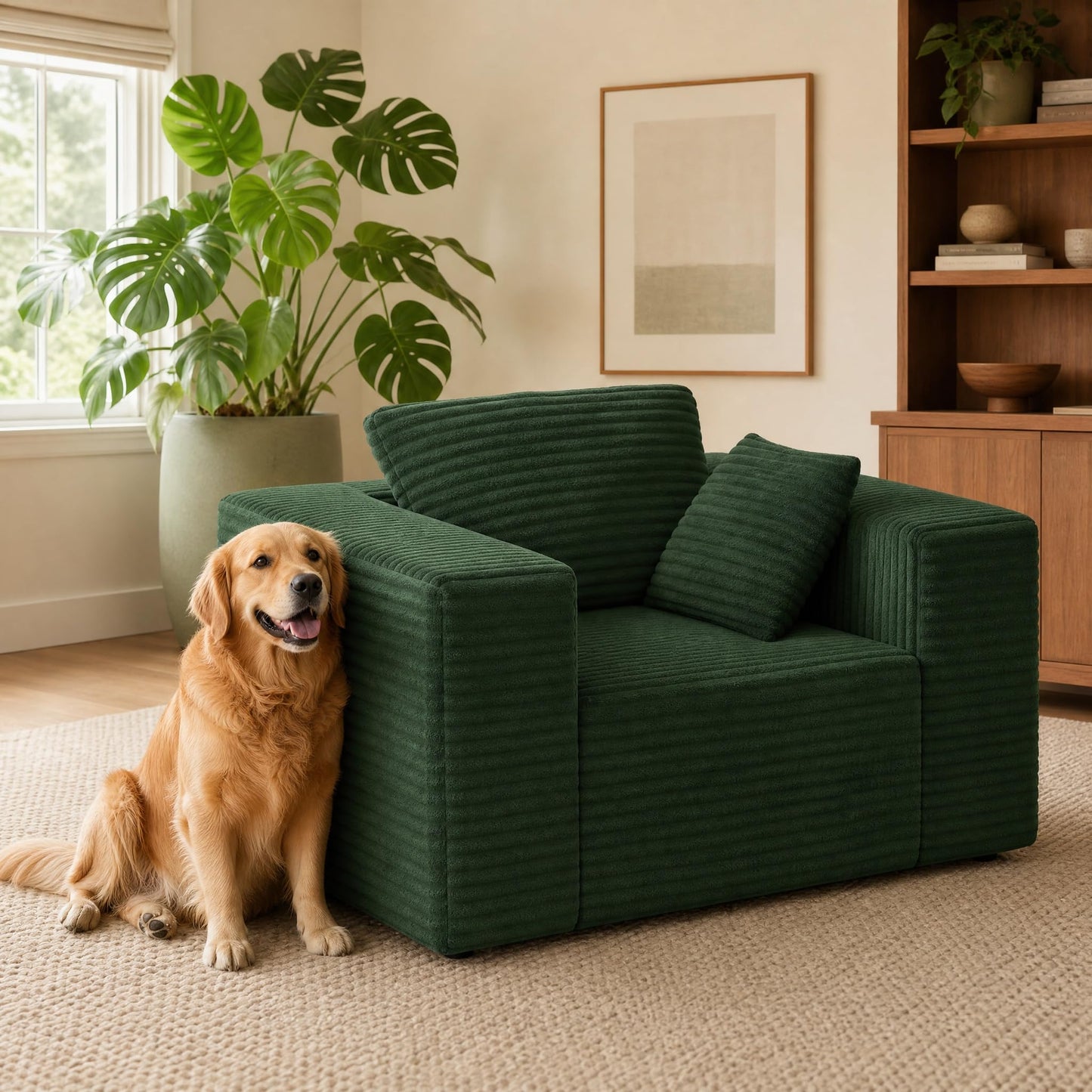 Trygoal Boneless Single Sofa Chair for Adult, Corduroy Cloud Lounge Chair with 2 Pillows & Wide Armrests, High-Density Foam Reading Couches for Living Room & Office, No Assembly Required, Green