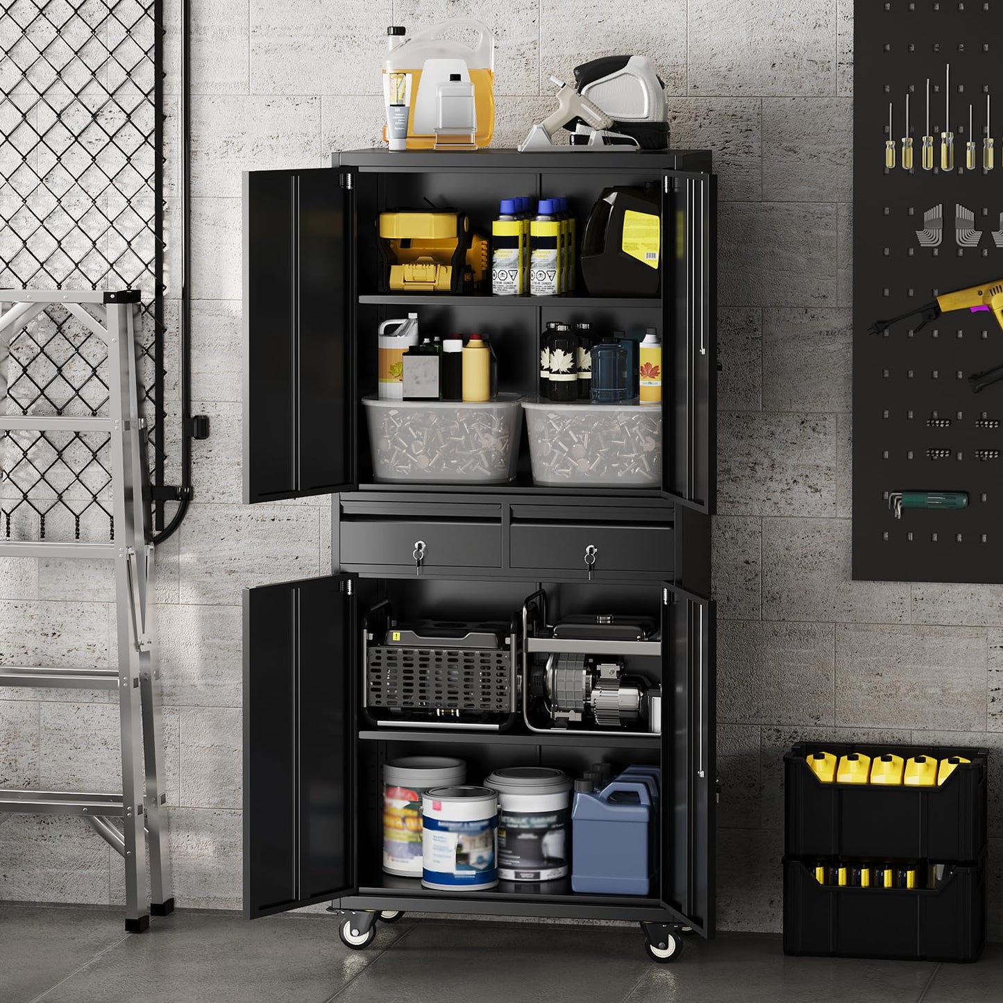 Metal Garage Storage Cabinet with 4 Wheels and 2 Drawers, 72" Heavy Duty Rolling Tool Storage Cabinet Organizer, Locking Doors and Adjustable Shelves for Garage, Workshop, Office, Warehouse