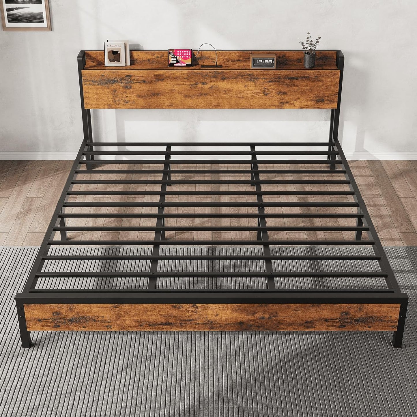 GarveeHome King Size Bed Frame Charging Station with 2 USB Ports & 2 AC Outlets, Heavy Duty Metal Bed Frame with Wooden Headboard and Footboard, No Box Spring Needed, Easy to Assemble, King Size