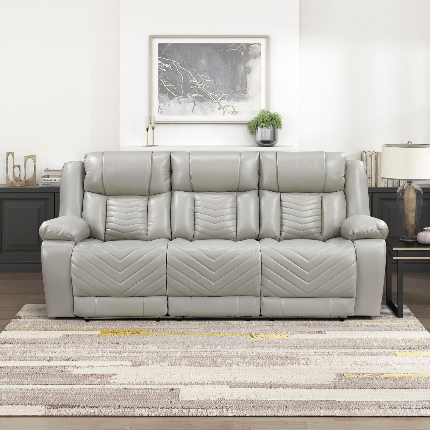 Lexicon Wall Hugger Power Double Reclining Sofa with Center Drop-Down Table, Faux Leather Home Theater Seating with LED Lighting/USB Charging Ports/Wireless Charger/Cup Holders, Magazine Pocket, Gray