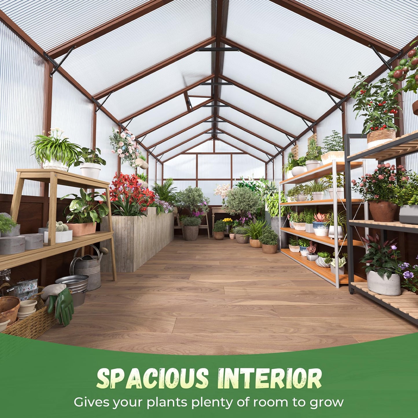 Jocoevol 8x16ft Outdoor Greenhouse, Wooden Frame Polycarbonate Greenhouse with Adjustable Roof Vents and Lockable Door Handle, Walk-in Greenhouse Perfect for Backyard and Garden