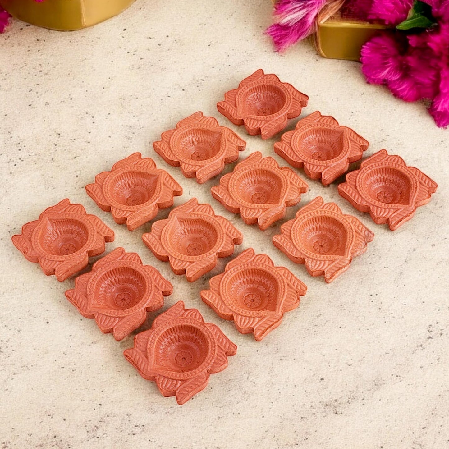 Craftsman 12 Pc Clay Diya Set for Diwali, Handmade Terracotta Oil Lamps, DESIGN 1, Brown, Model DIYA113