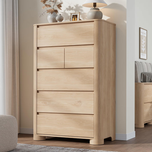 YANSNWO Dresser for Bedroom with 6 Drawers, 48" Tall Modern Chest of Drawers with Unique Thickened Foot, Rounded Corner Design, Wooden Dresser Organizer for Bedroom, Living Room, Hallway, Natural Oak