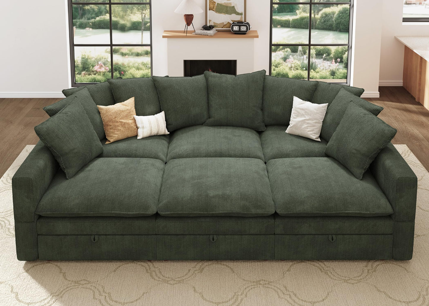 HONBAY Modular Sectional Sleeper Sofa, Corduroy 6 Seater Couch with Storage, Sectional Sleeper Couches for Living Room, Green