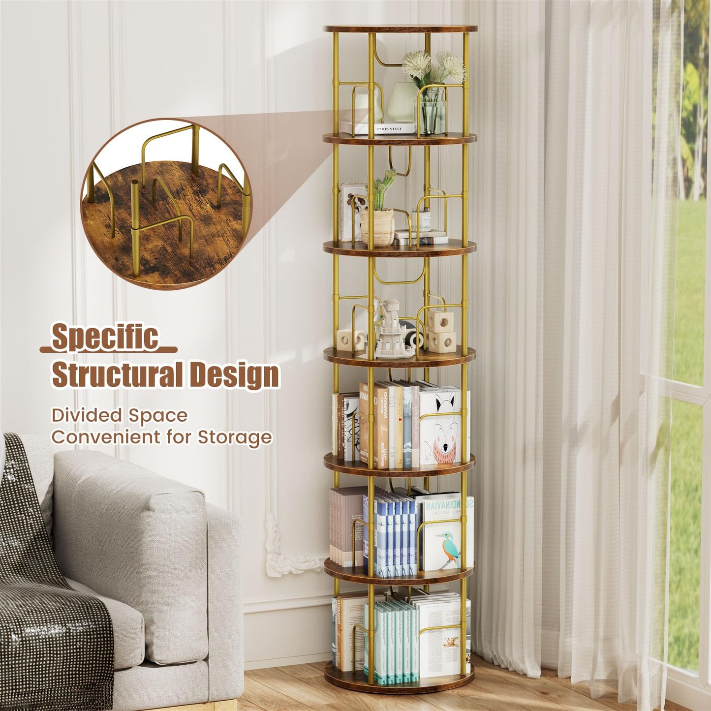 ALLSTAND 6 Tier Rotating Bookshelf, 360 ° Display Stackable Spinning Bookshelf Tower, Corner Bookshelf Tall Floor Standing Swivel Bookcase Narrow Storage Organizer for Bedroom, Living Room, Gold