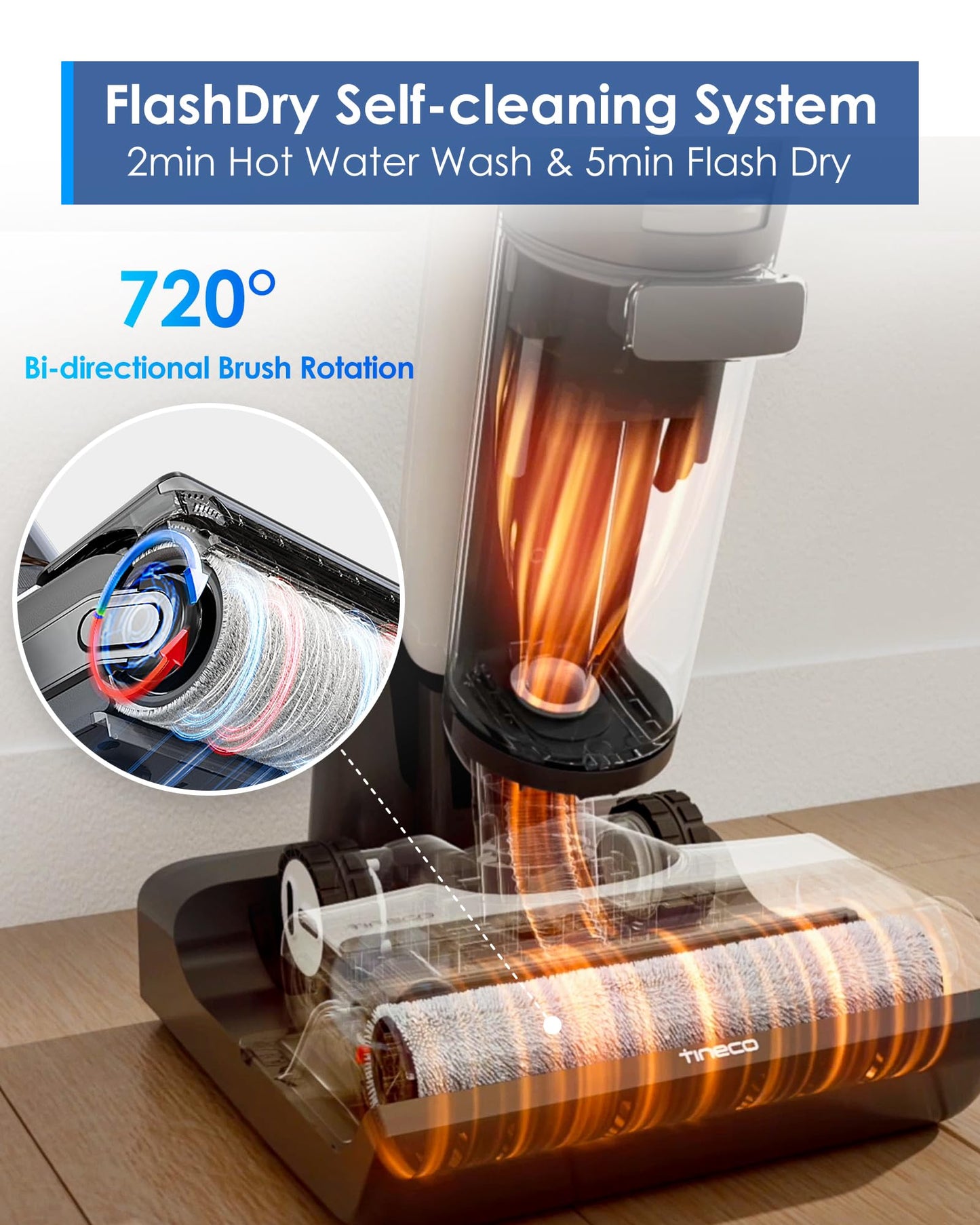 Tineco Floor ONE S7 FlashDry Smart Cordless Wet Dry Vacuum Cleaner, Long Runtime, Great for Sticky Messes, Self-Cleaning, 158℉Hot Air FlashDrying, Dual-Sided Edge Cleaning, Extended Battery Lifespan
