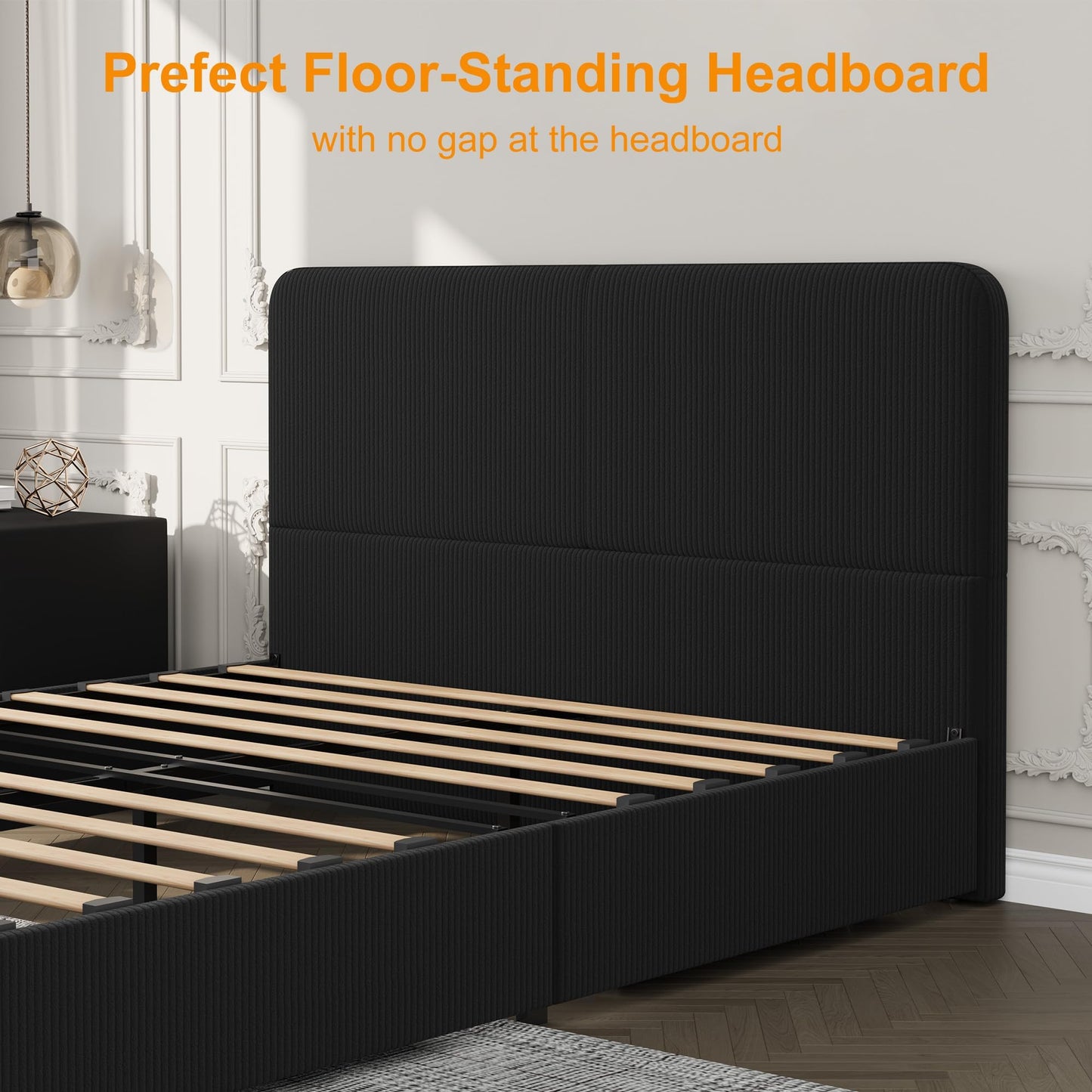 GarveeHome Modern Upholstered Platform Bed Frame with Headboard and Storage Drawers – Strong Wood Slat Support, No Box Spring Needed, Low Profile, Easy Assembly – Corduroy Black