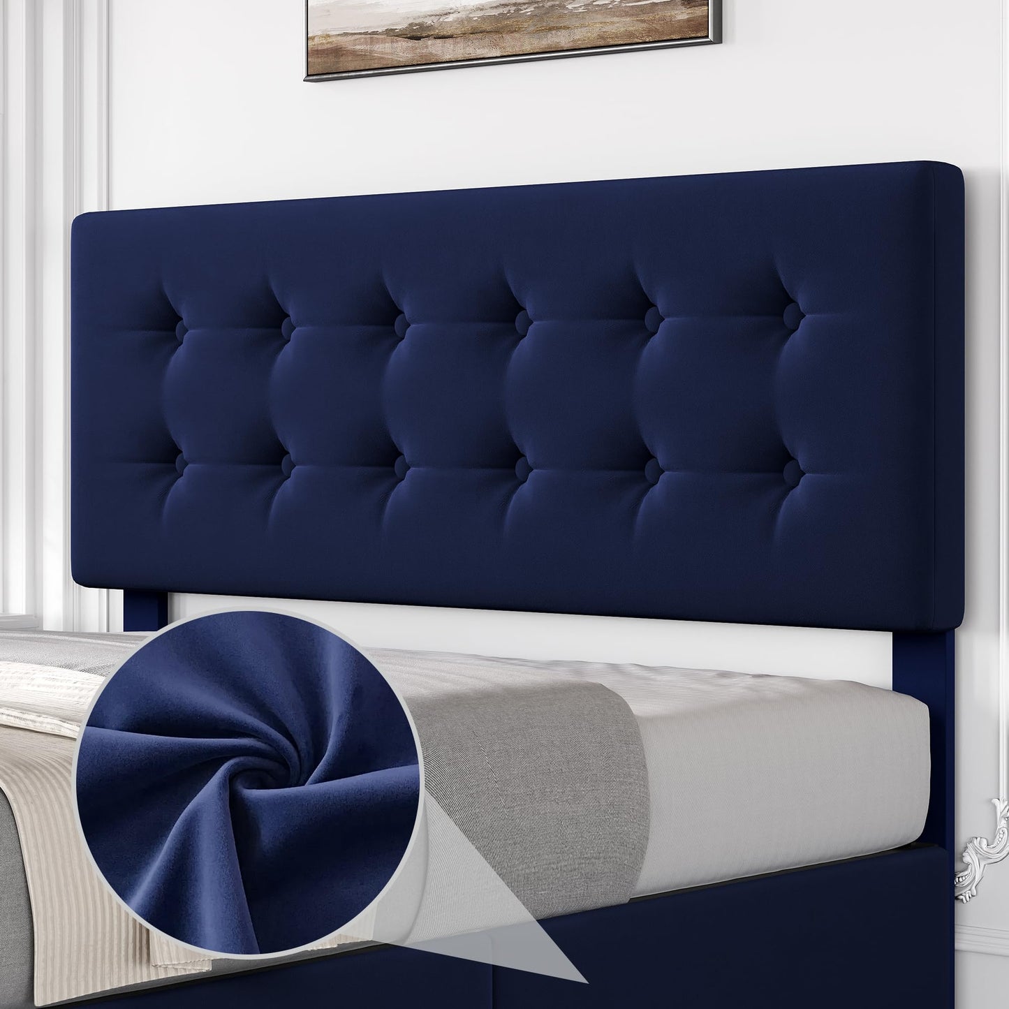 GAOMON Queen Size Bed Frame with 4 Drawers and Adjustable Headboard, Velvet Upholstered Platform Bed with Button Tufted Design, No Box Spring Needed, Strong Wooden Slats, Blue
