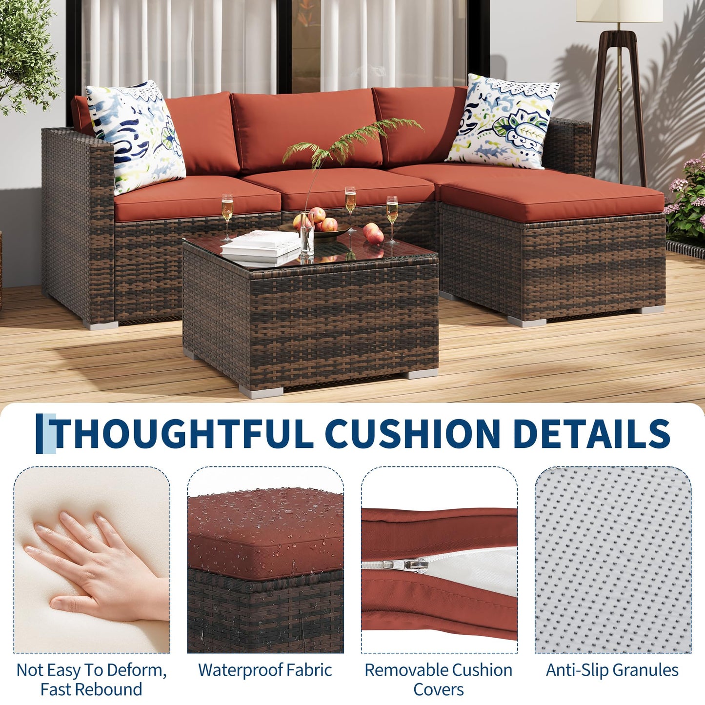 GarveeLife 5 Pieces Patio Furniture Set, Outdoor Sectional Sofa, All-Weather Wicker Conversation Set with Ottoman & Glass Coffee Table, Rattan Couch Seating for Garden, Backyard, Poolside, Wine Red