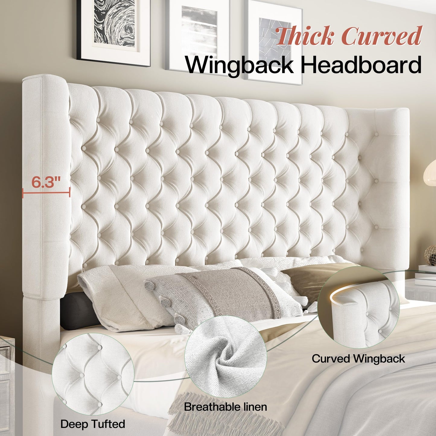 Jocisland Queen Size Upholstered Bed Frame with 6.3-Inch Curved Wingback Headboard, Tufted Footboard, Wood Slats, No Box Spring Needed, Beige Velvet