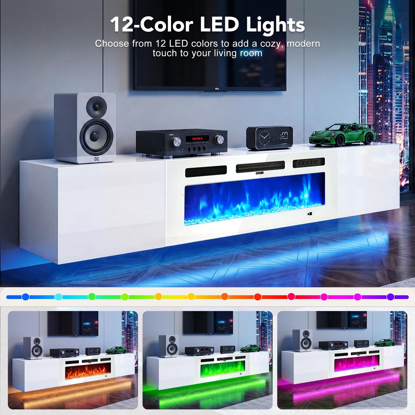 OneBlis 70" Floating TV Stand, Wall-Mounted Entertainment Center with 36" Electric Fireplace, Fits TVs Up to 80 Inches, Media Console with LED Lights for Living Room, White+White
