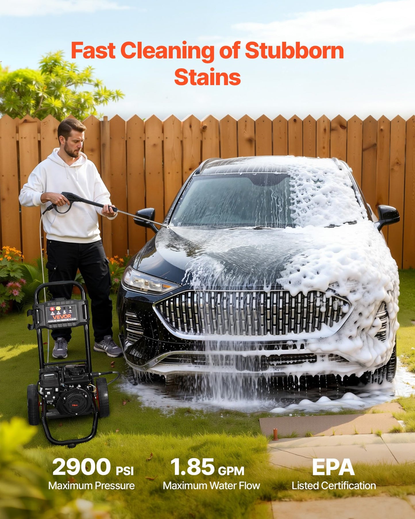 VEVOR Gas Pressure Washer 2900 PSI and 1.85 Max GPM, Upgrade Aluminum Pump with Spray Gun and Wand, 4 Nozzle Set, Gas Powered Pressure Washer for Cars, Fences, Driveways, Homes, Patios, Furniture