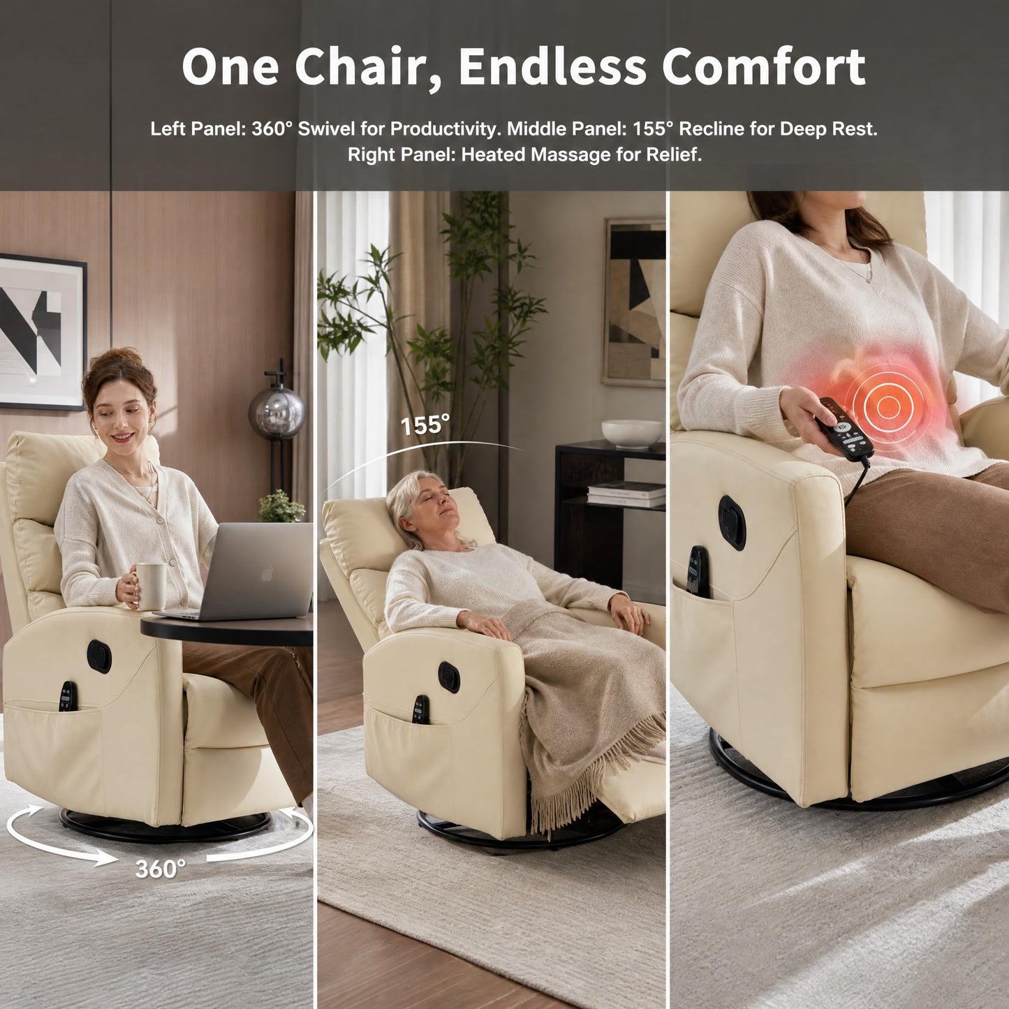 KEIKI Heat Massage Manual Recliner Chair, 360 Swivel Rocker with Lumbar Heat, Lazy Boy Style Faux Leather Overstuffed Back Multi-Function, Nursery Lounge Chair with Side Pockets for Living Room, Black