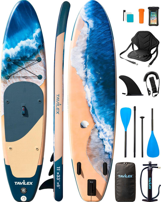Tavilex Inflatable Stand Up Paddle Board with Seat, 11' x 33" x 6" Ultra-Wide 2-in-1 SUP Board for Adults & Youth, Stable Blow Up Paddleboard Kit with Dual-Blade Paddle (Blue Wave)