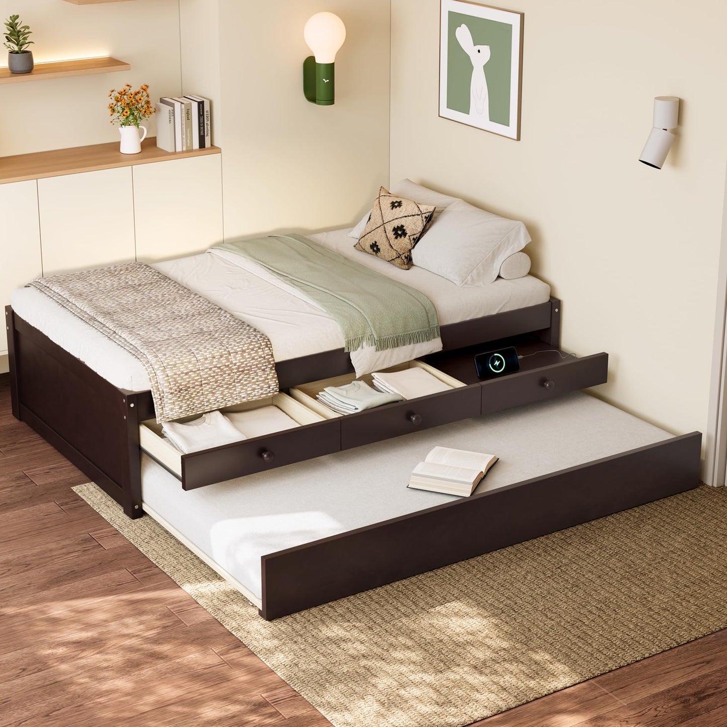 Twin Platform Bed with Trundle and Storage Drawers, Solid Wood Daybed with Power Outlets and Full-upgraded Slats, Twin Bed Frame for Bedroom, Guests, Living Room, No Box Spring Needed, Espresso