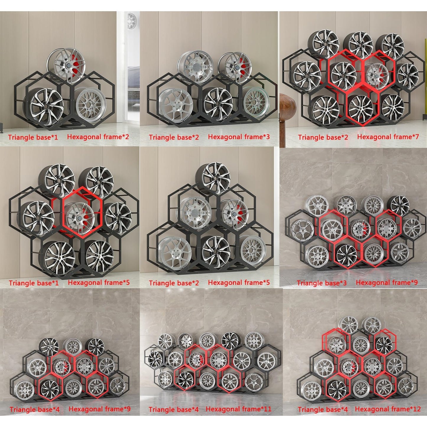 Aimery Rims Tire Rack for Garage, Hexagon Display Rack, Steel Spare Tyre Organizer, Wheel Organizer Holder(D)