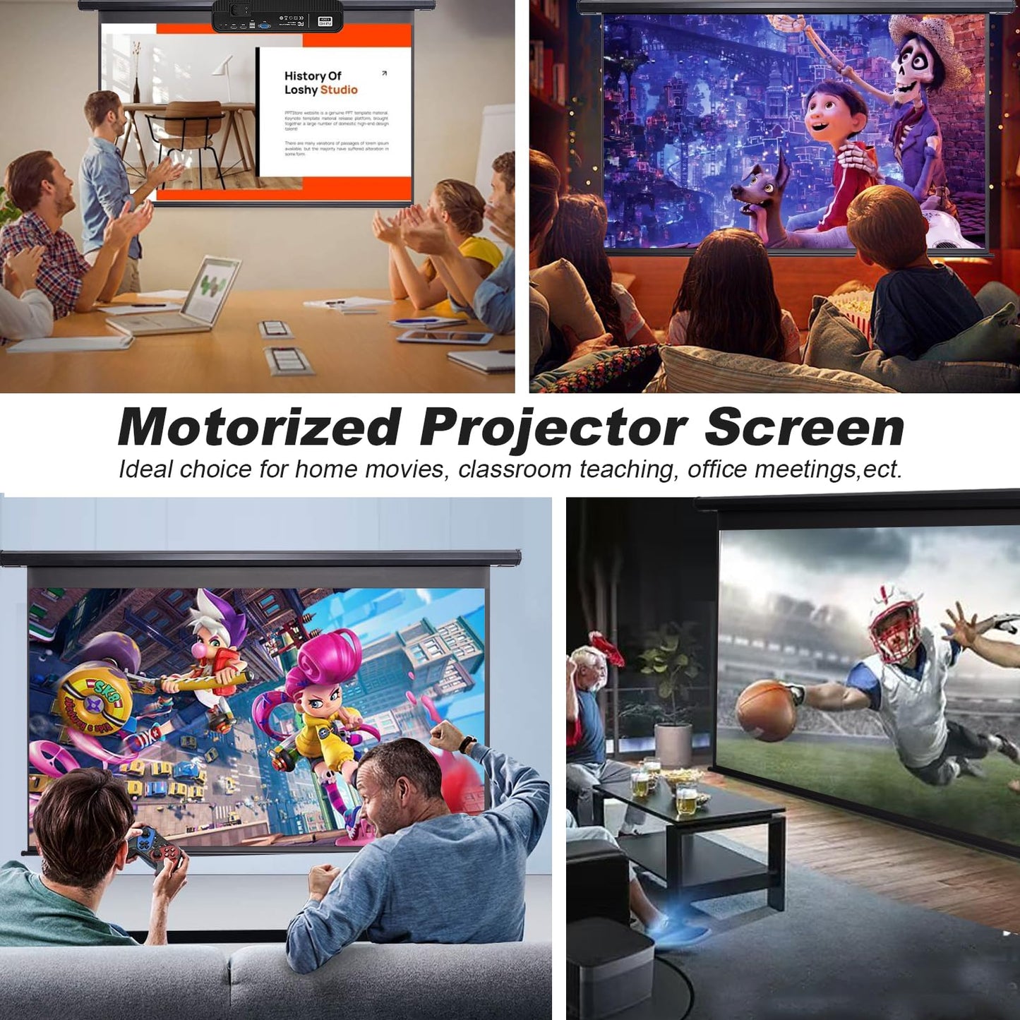 120 Inch Projector Screen Motorized 4:3 HD Electric Rising Projector Screen Pull Down with Remote, Black Automatic Projection Screens Retractable Wall Mount Ceiling Movie Screens Outdoor Indoor