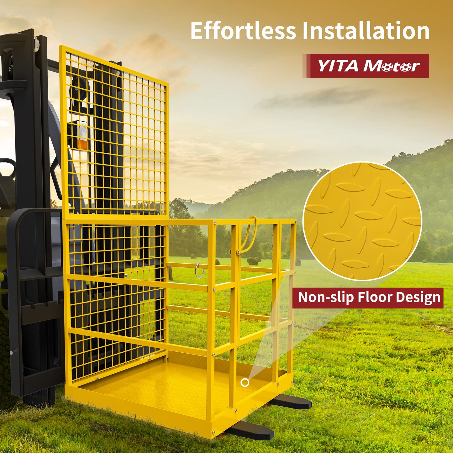 YITAMOTOR 43"x45" Forklift Safety Cage, 1400 LBS Yellow Capacity Forklift Work Platform with Safety Harness, Collapsible Lift Basket Aerial Platform for Lifting Loader