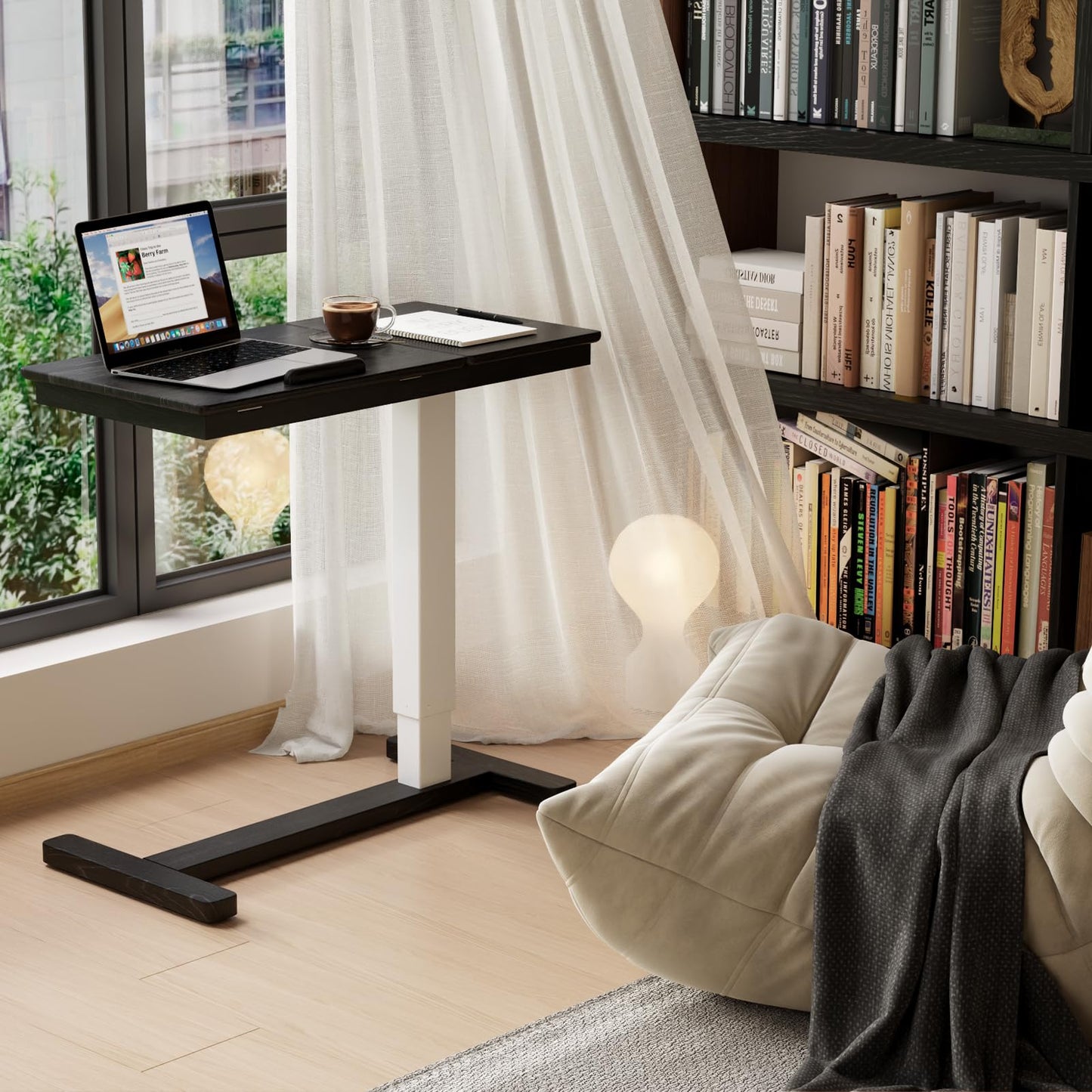 Muwuele Solid Wood Overbed Bedside Table with Wheels,Tilt Top Hospital Bed Table Adjustable Over the Bed,Rolling Bed Desk for Hospital and Home Use (Black)