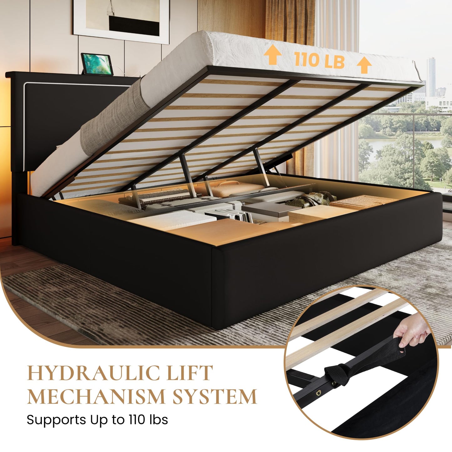 SHA CERLIN King Size Hydraulic Lift-Up Storage Platform Bed Frame with Charging Station, RGB LED Lights, Adjustable Velvet Headboard, USB-A and USB-C Ports, No Box Spring Needed, Black