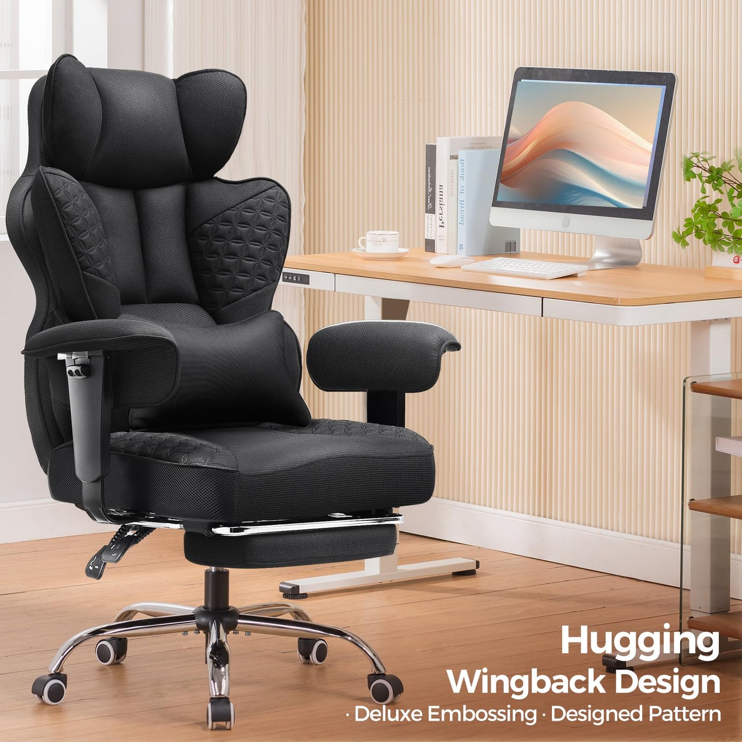 COMHOMA Big and Tall Office Chair Heavy Duty Wide Ergonomic Fabric Deluxe Embossing Designed Gaming Chair with Foot Rest,150°Reclining Adjustable Armrests Pocket Spring Back Support and Pillow