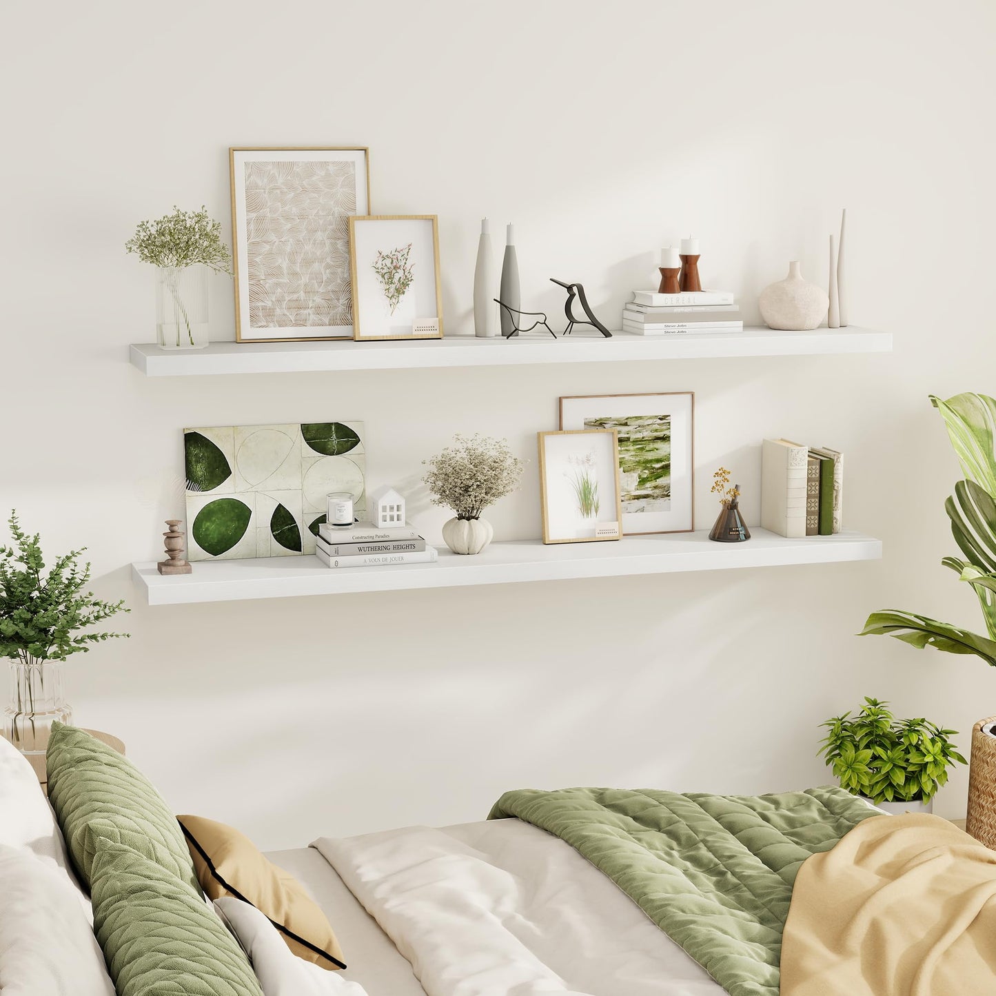 Fun Memories 72 Inch Floating Shelves for Wall 2 Pack Shelves for Bedroom|Kitchen|Bathroom 72 x 9.3 Inch Wood Floating Shelf with Invisible Brackets for Books|Storage|Decor, White