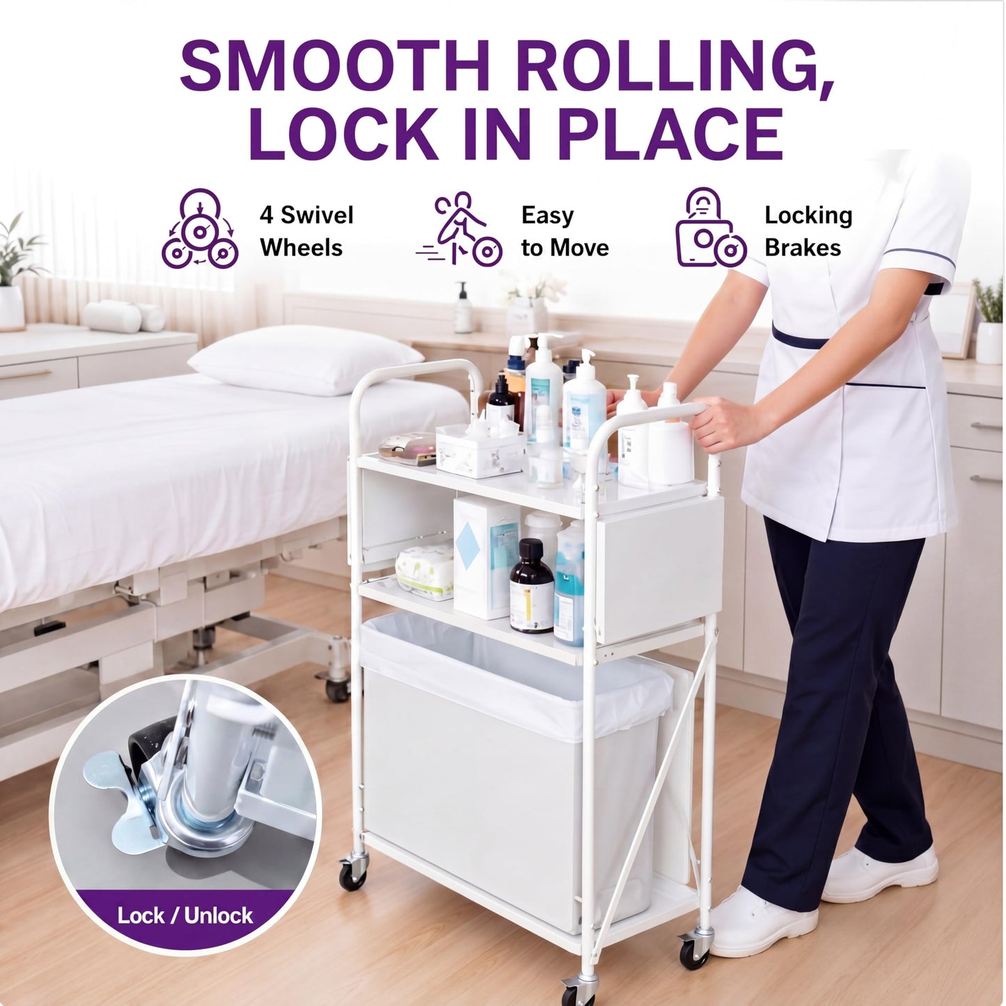 DaisyInner Foldable Waxing Cart Trolley with Wheels, 3-Tier Esthetician Rolling Wax Cart with Pull-Out Tray & Trash Bin, Wax Warmer Storage Station for Salon Spa Massage, White, 12" L x 26" W x 37" H
