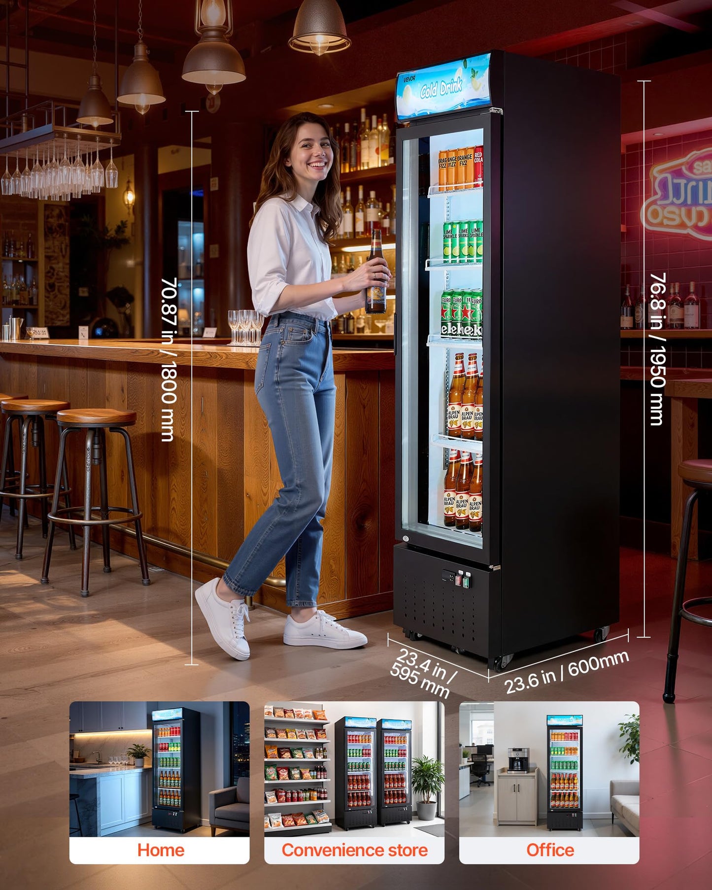 VEVOR Commercial Merchandiser Refrigerator, 12.7 Cu.Ft / 360 L Glass Door Display Refrigerator, Upright Beverage Cooler with Customizable Lightbox, 4 Adjustable Shelves & Soft LED Light for Home Shops