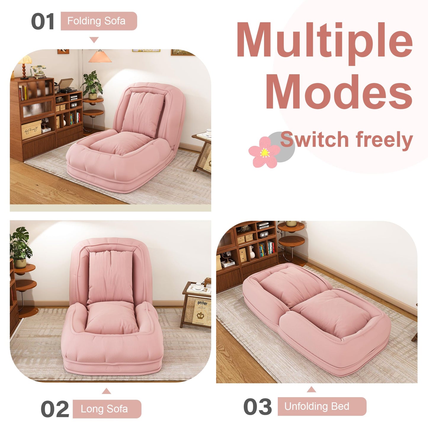 KEIKI 71" Human Dog Bed for Adults, Giant Plush Floor Sofa Bed with 5 Adjustable Positions & 2 Pillows, Foldable Faux Fur/Corduroy Lounge Bed for Relaxing, Gaming, Napping, Living Room Bedroom, Pink