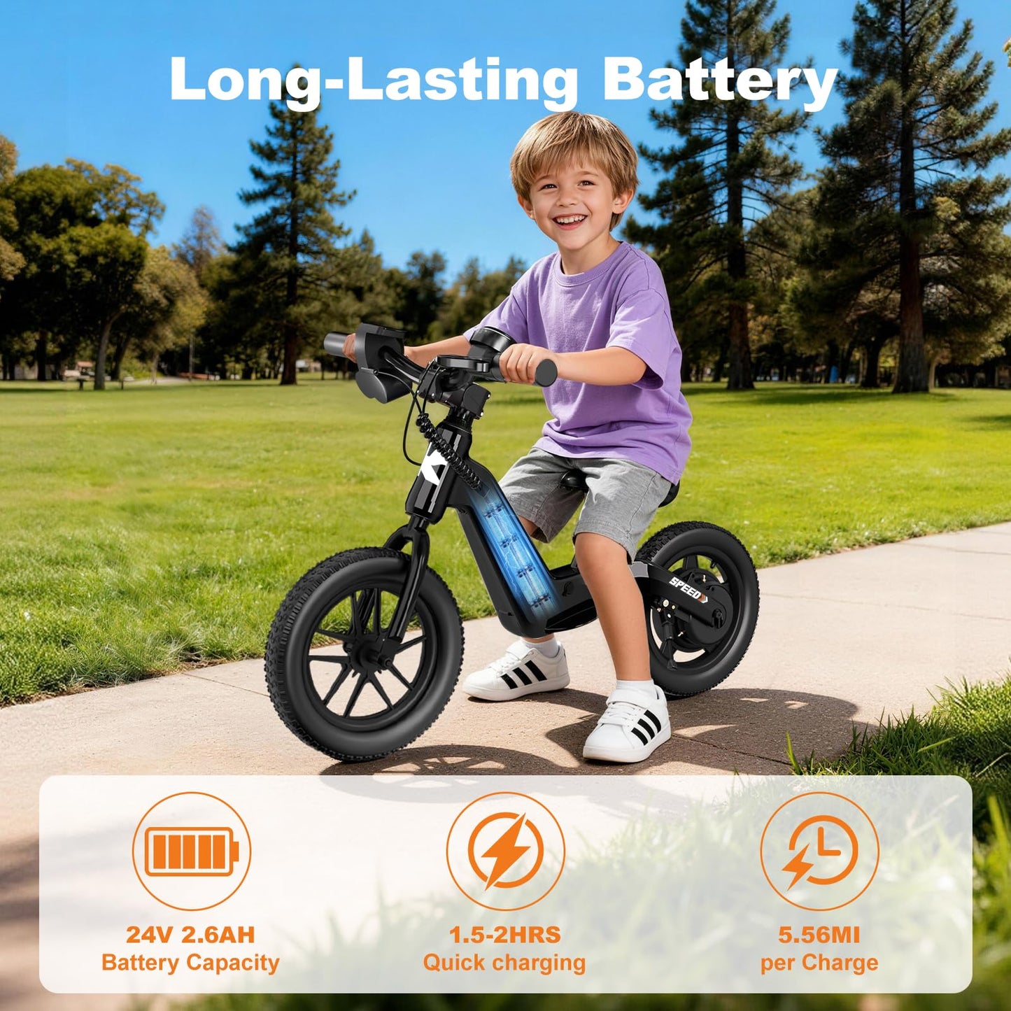 YunTopKids 24V Electric Balance Bike for Kids Ages 3-5, 12" Pneumatic Tires, Safe Kick-to-Start, 3 Speeds Up to 9.3 MPH, 180W Motor, LCD, Quick Charging, LED Lights (Black)