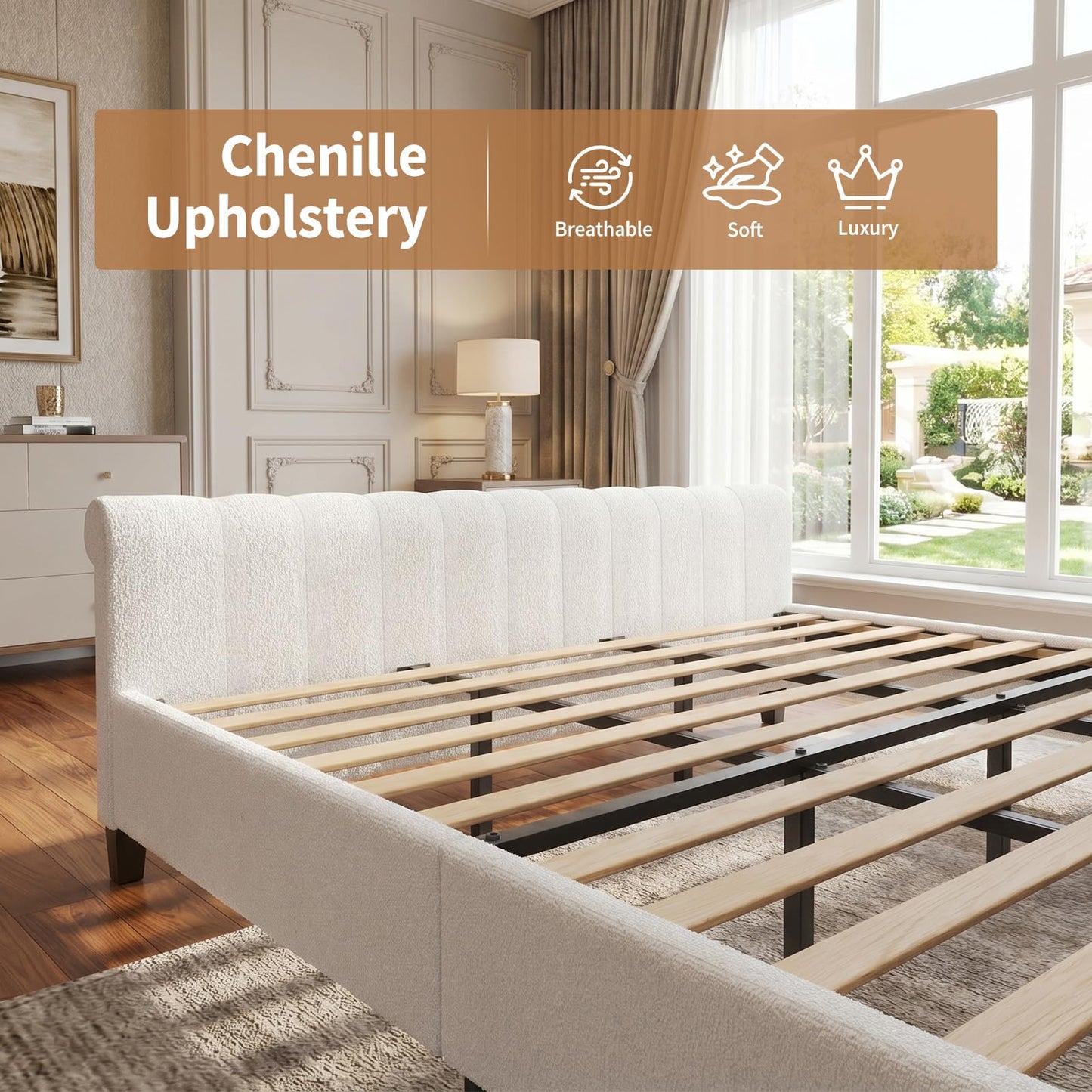 koorlian Queen Size Bed Frame with Headboard,Chenille Upholstered Sleigh Platform Bed,Luxury Button-Tufted Wingback Headboard 50.6" Tall & Sleigh Footboard,No Box Spring Needed,Easy Assembly